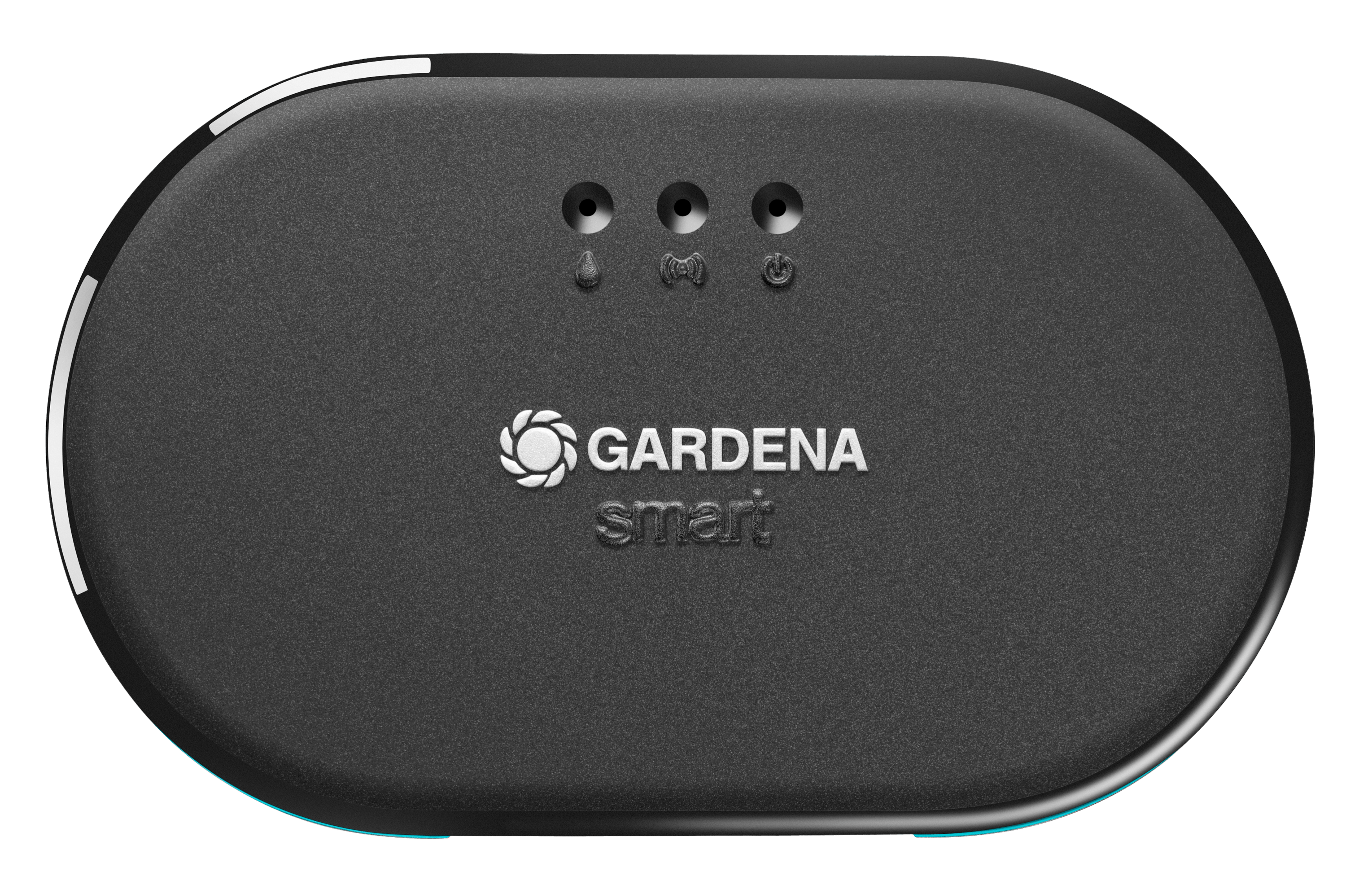 Schwarzes GARDENA Smart-Gerät mit drei Kontrollleuchten. Das Gerät befindet sich auf einem schwarzen Hintergrund.