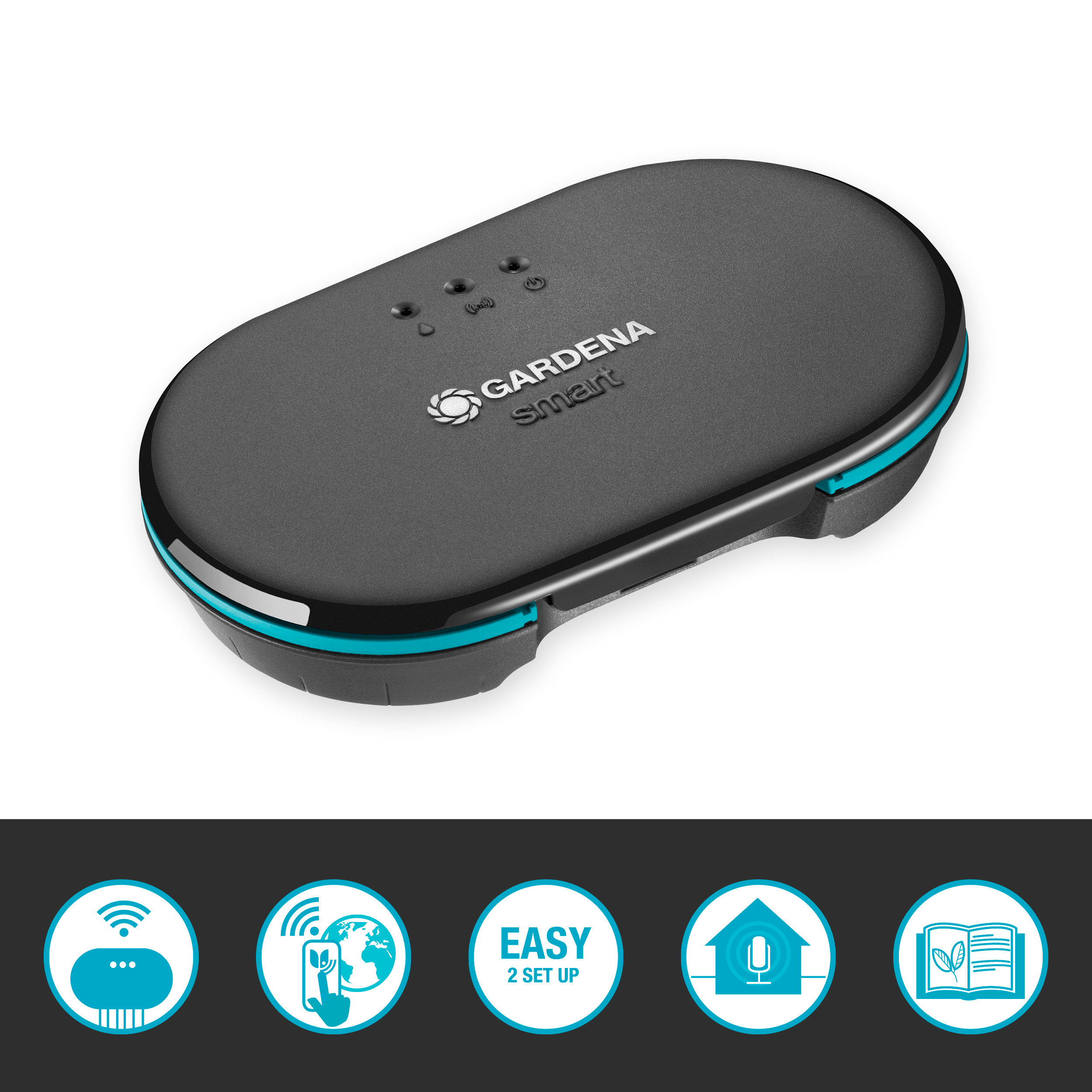 Ein schwarzes Gardena Smart-Gerät. Draufsicht. 4 Symbole darum herum zeigen Konnektivitätsfunktionen.