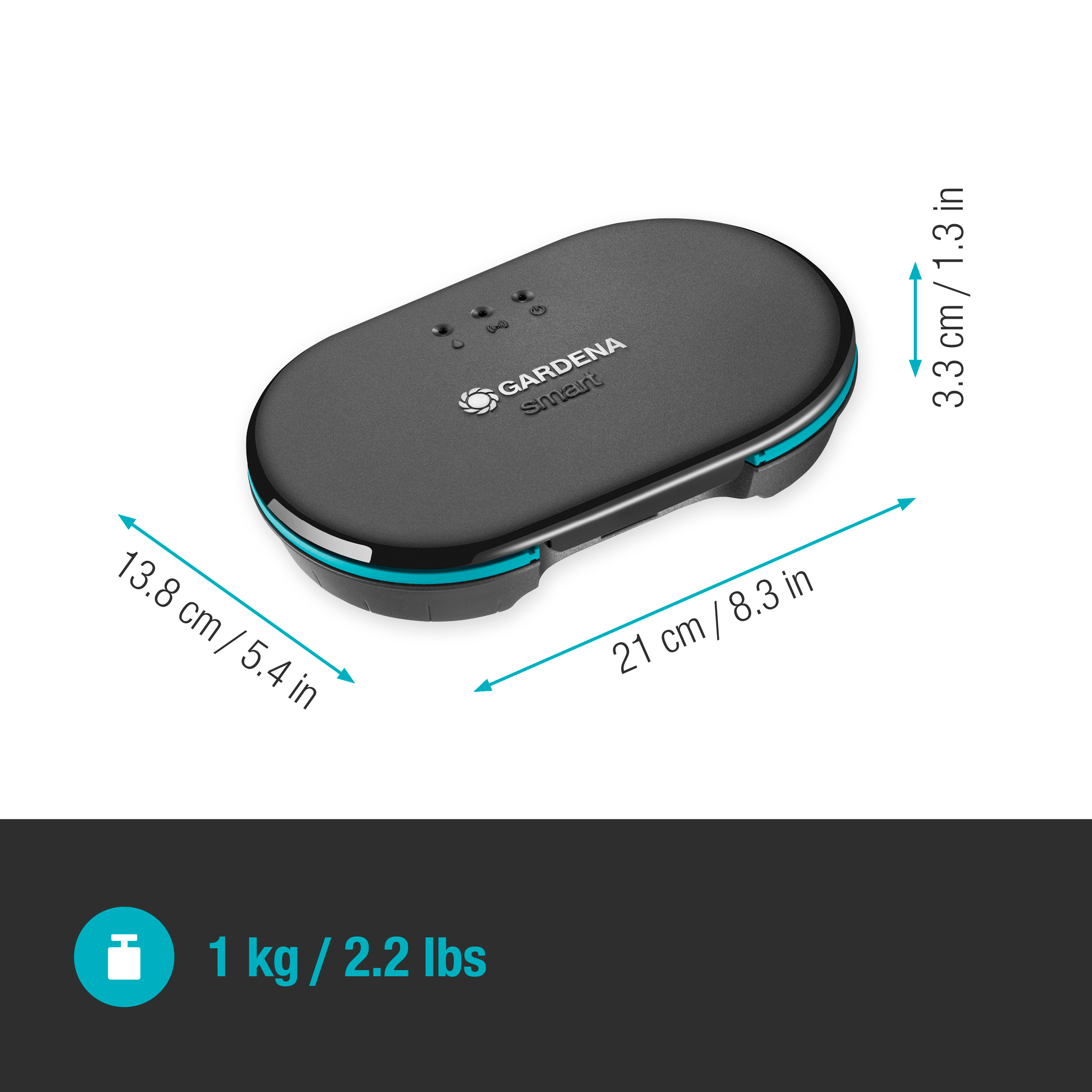 Schwarzes Smart-Gerät mit Maßen in cm/Zoll. Weißer Hintergrund.