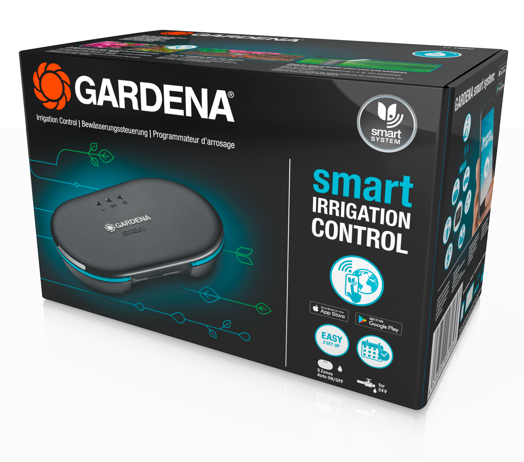 Eine GARDENA Smart-Bewässerungssteuerungsbox. Die Box ist schwarz mit blauen und weißen Akzenten.
