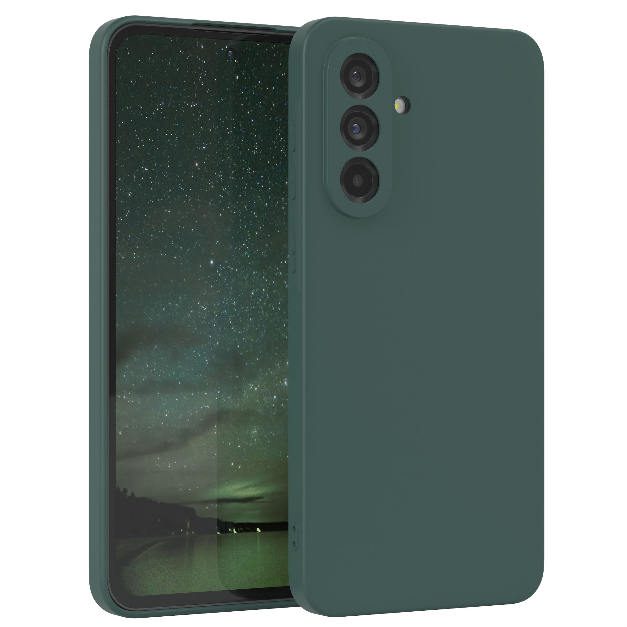 Grünes Telefon mit drei Rückkameras und einer passenden grünen Hülle. Das Telefon ist in der Hülle.