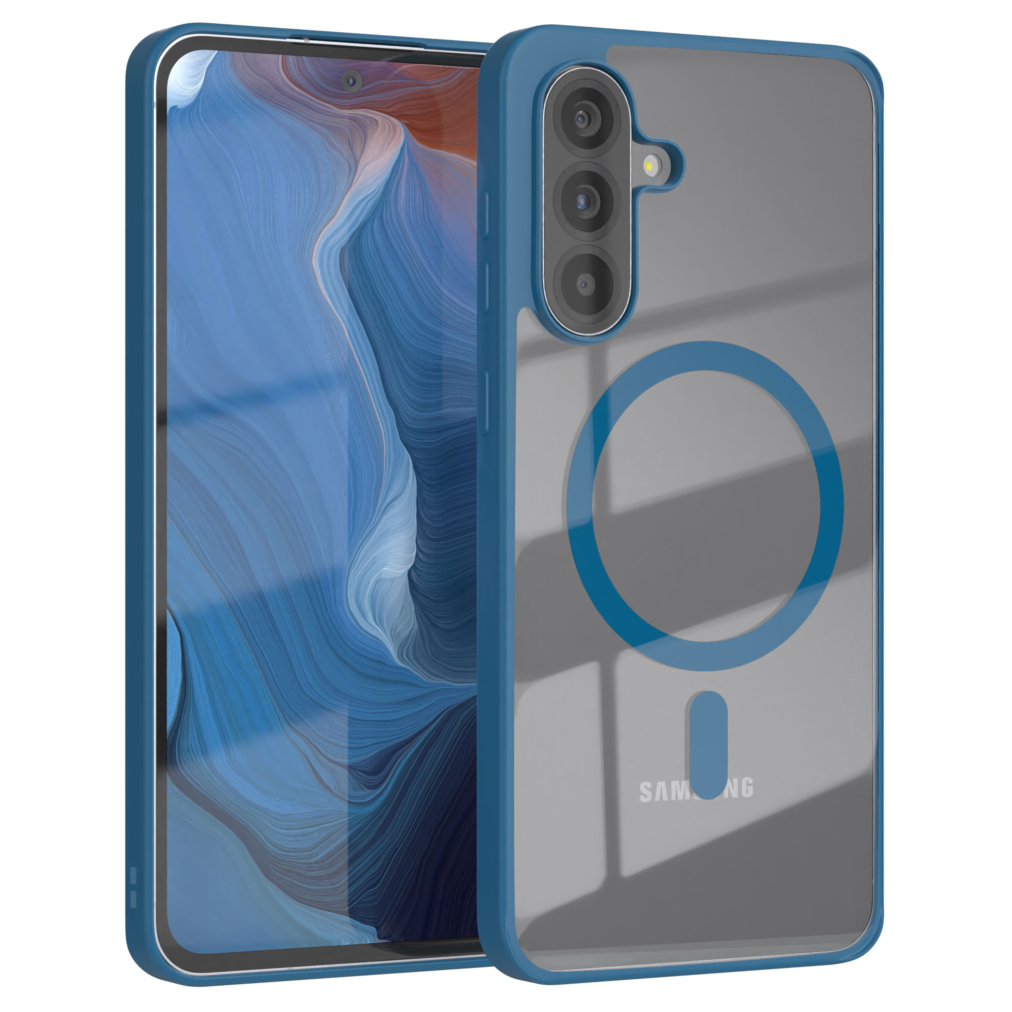 Blaue Handyhülle mit transparentem Rücken und blauem Ring. Ein Handy mit blauem Bildschirm ist drin.