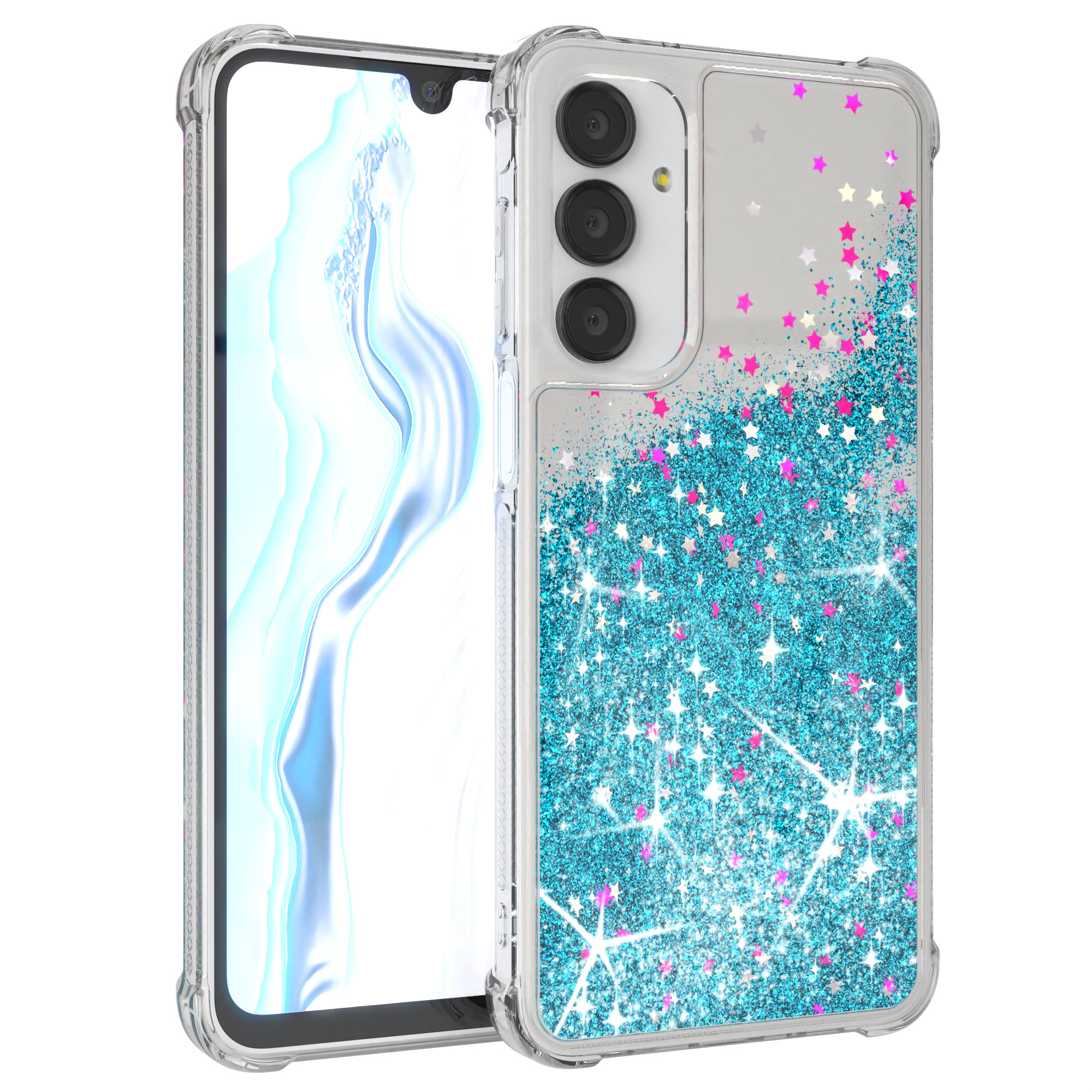 Transparente Handyhülle mit blauem Glitzer und Sternen. Ein Telefon ist im Inneren.