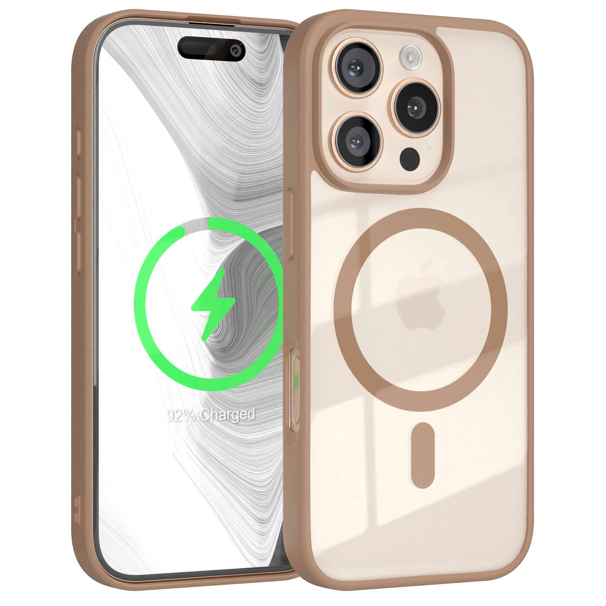 Telefon in klarer Hülle mit Ladeanzeige. 92% geladen.