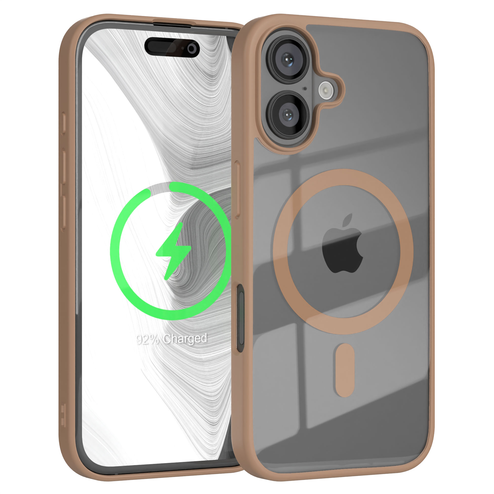 Telefon in einer beigefarbenen Hülle mit durchsichtiger Rückseite. Das Telefon zeigt ein Ladesymbol.