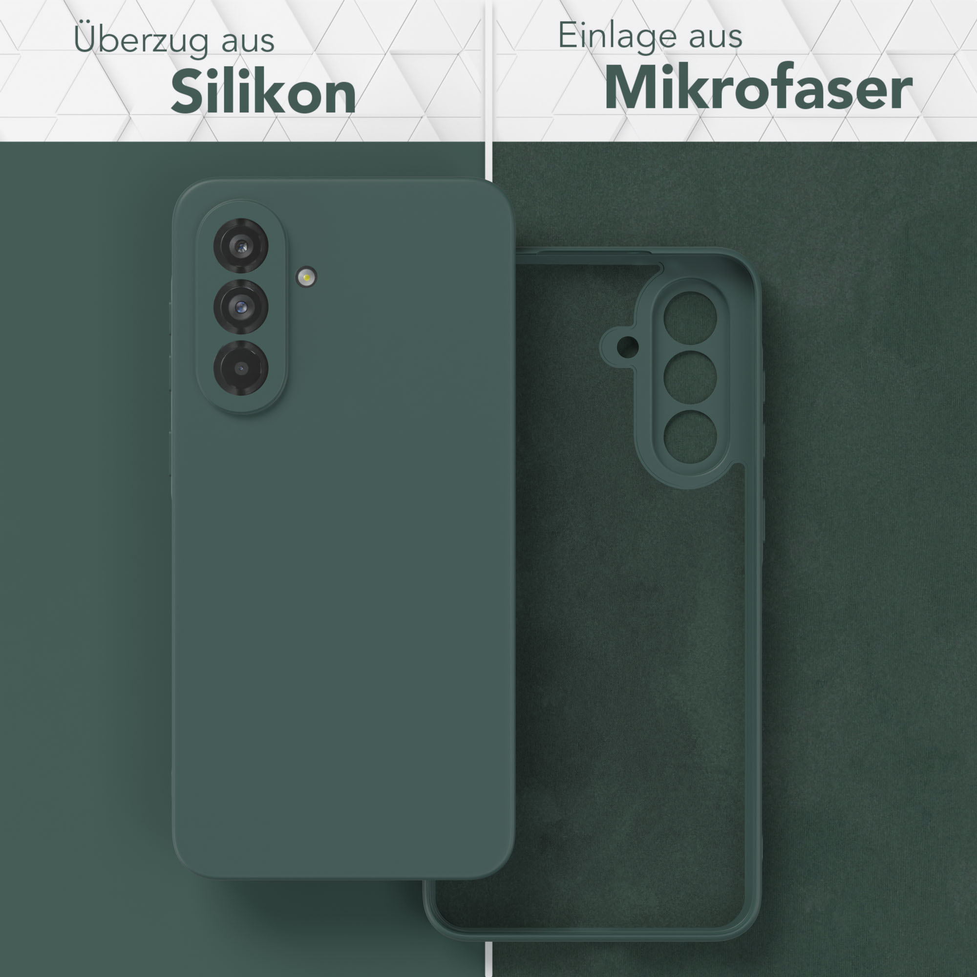 Zwei Handyhüllen. Die Vorderseite ist dunkelgrün, die Innenseite hellgrün. Text sagt Silikon und Mikrofaser.