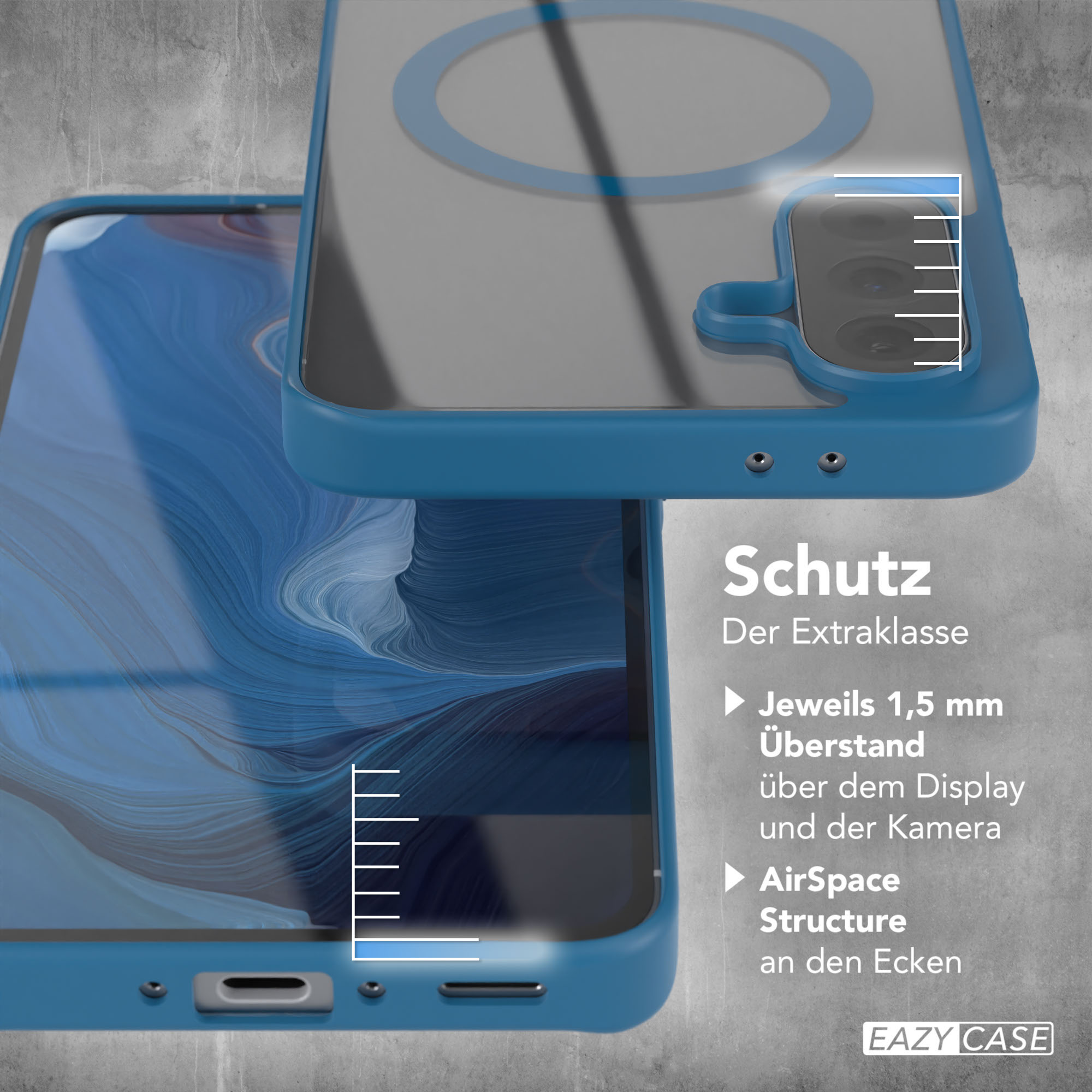 Eine blaue Handyhülle mit einem Handy darin, mit Text auf Deutsch.