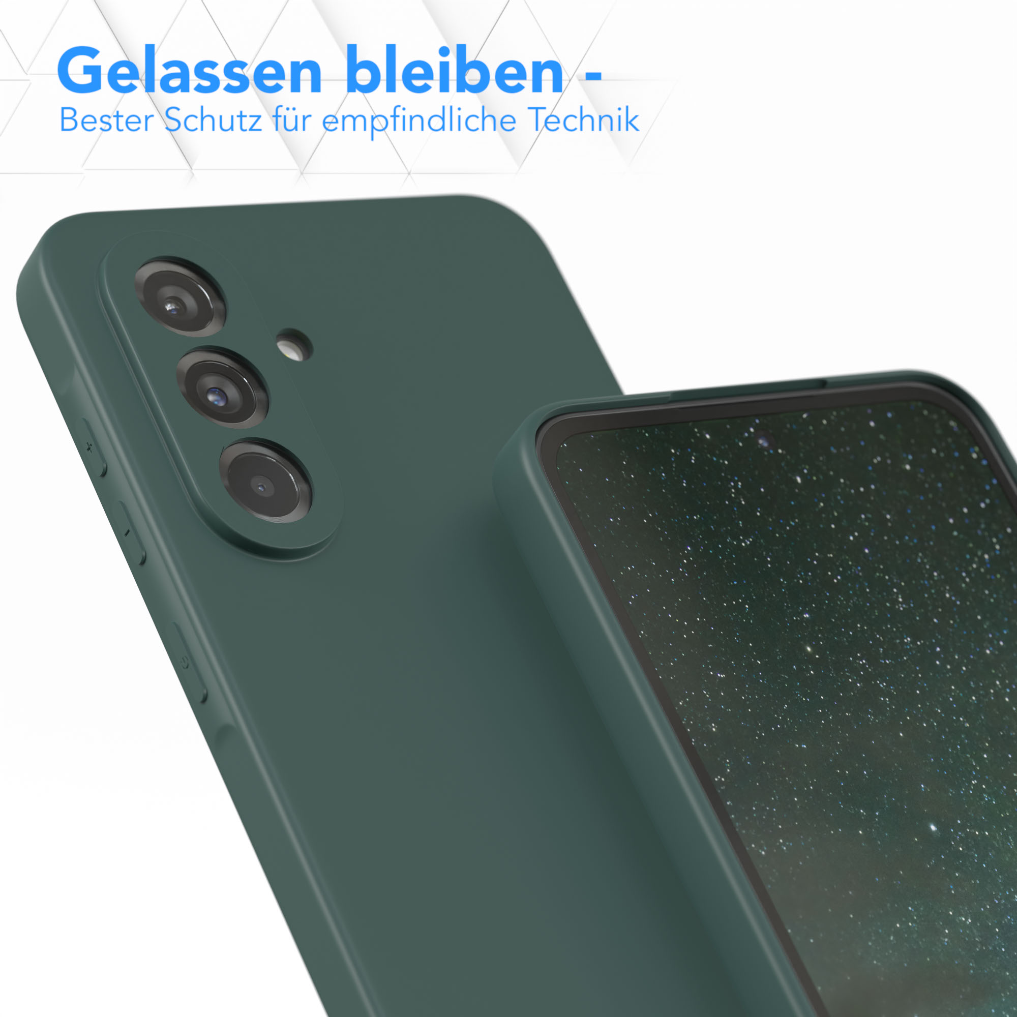 Eine grüne Handyhülle mit drei Kameralinsen. Die Hülle ist auf einer anderen Hülle platziert.