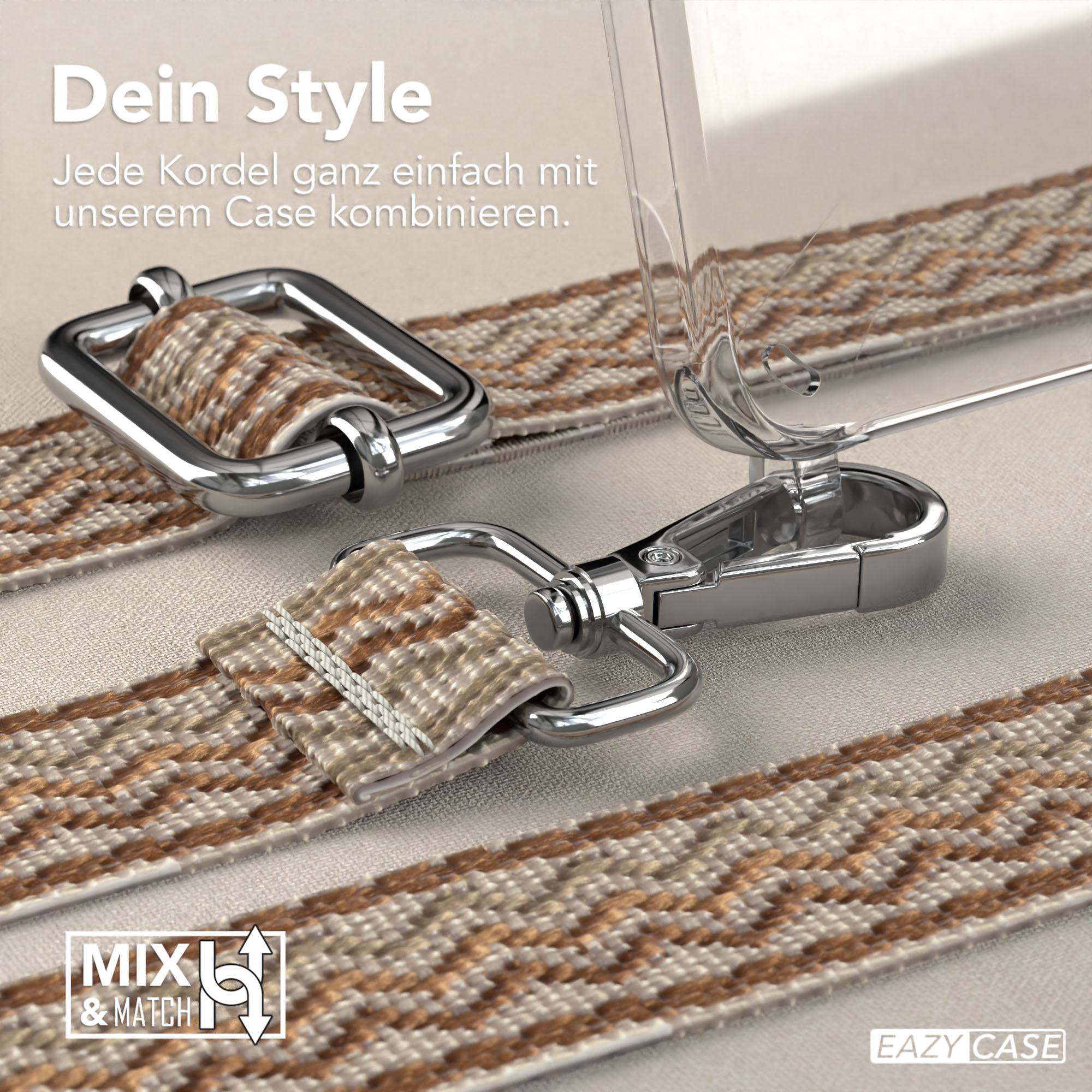 Nahaufnahme einer Handyhülle mit Trageriemen, Metallbeschlägen und Stoffmuster.