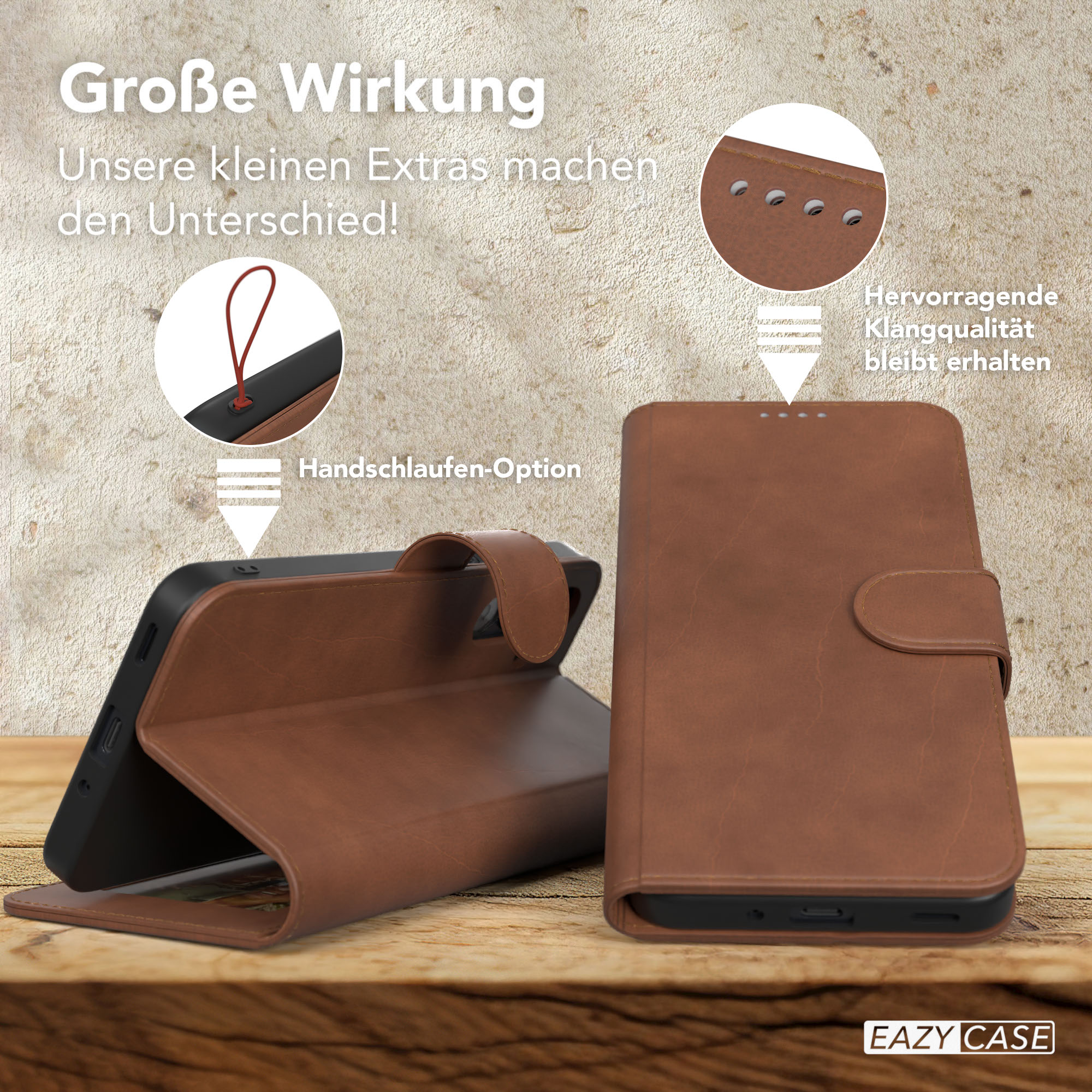 Eine braune Handyhülle mit Telefon und hervorgehobenen Funktionen.