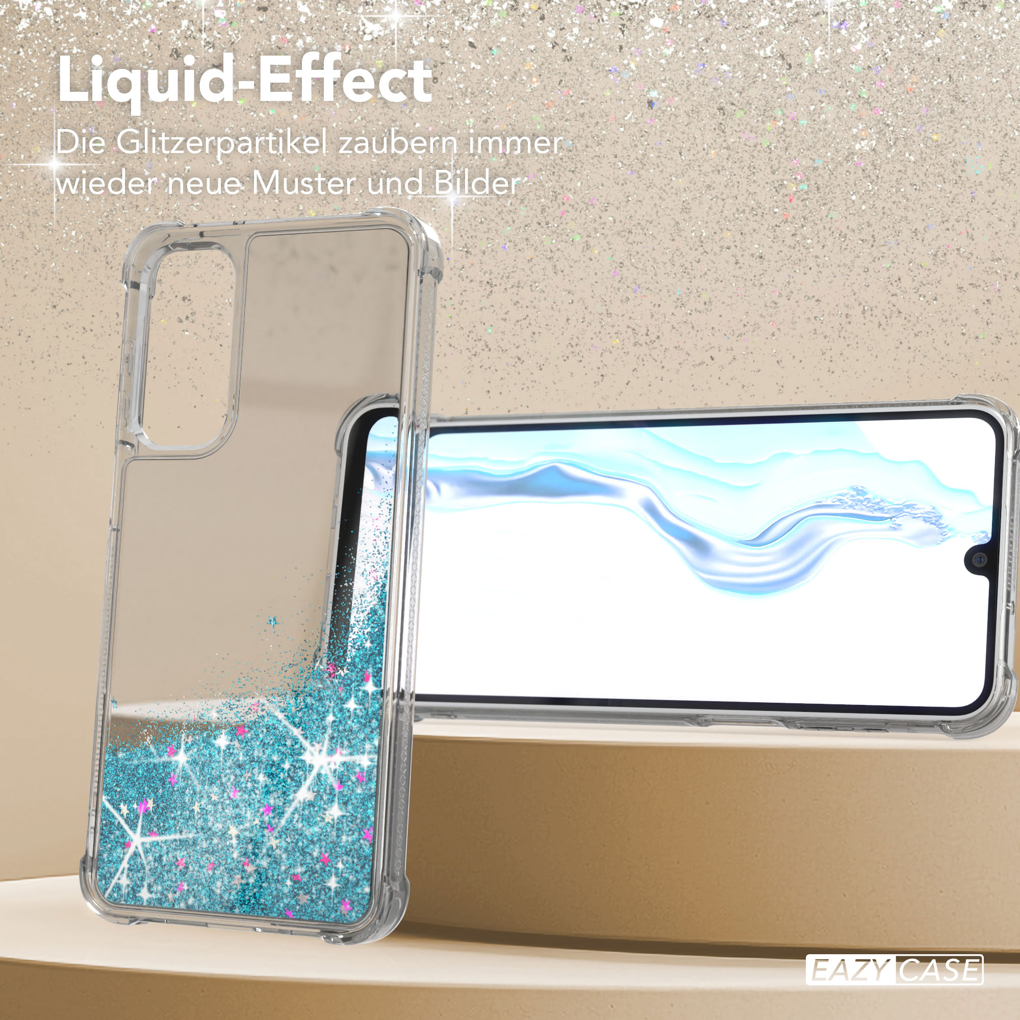 Transparente Handyhülle mit blauem Glitzereffekt, Telefon im Inneren auf Goldständer.