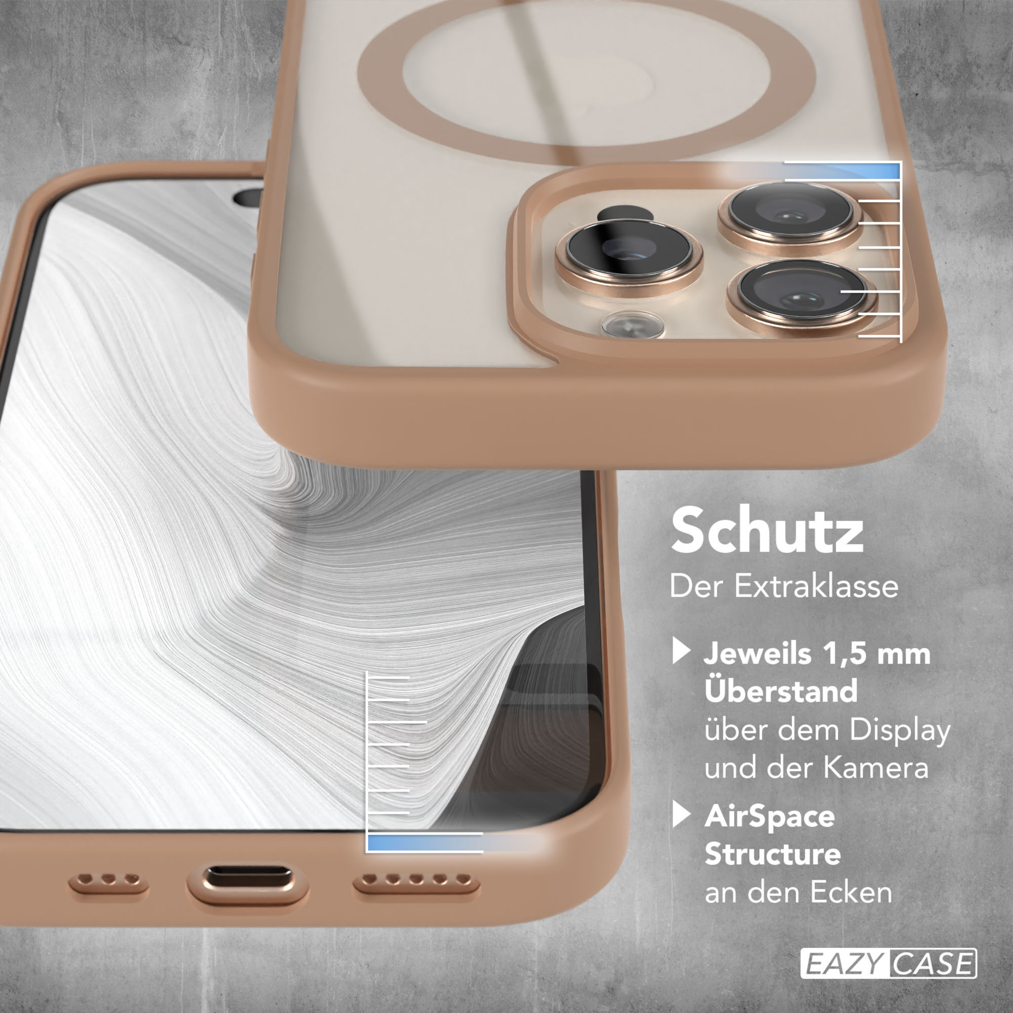 Eine Handyhülle, die ein Telefon mit Kamera und weißem Kreis zeigt, mit Text, der zusätzlichen Schutz anzeigt.