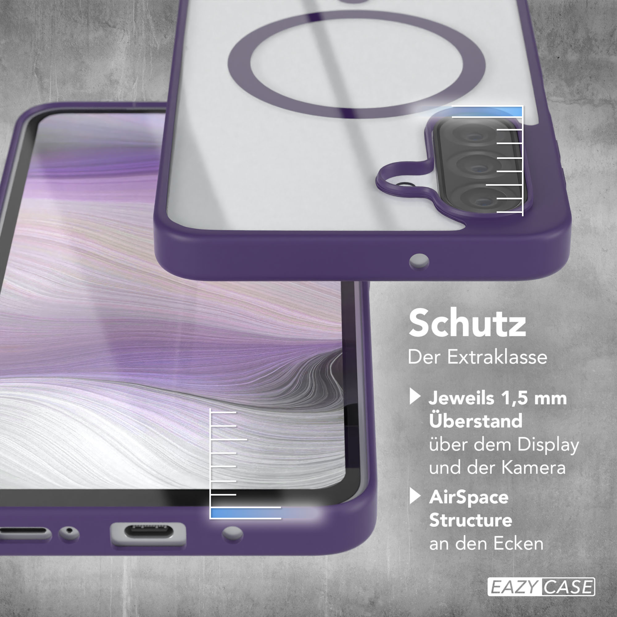 Lila Handyhülle offen. Zeigt das Telefon und die Schutzfunktionen. Weißer Hintergrund.