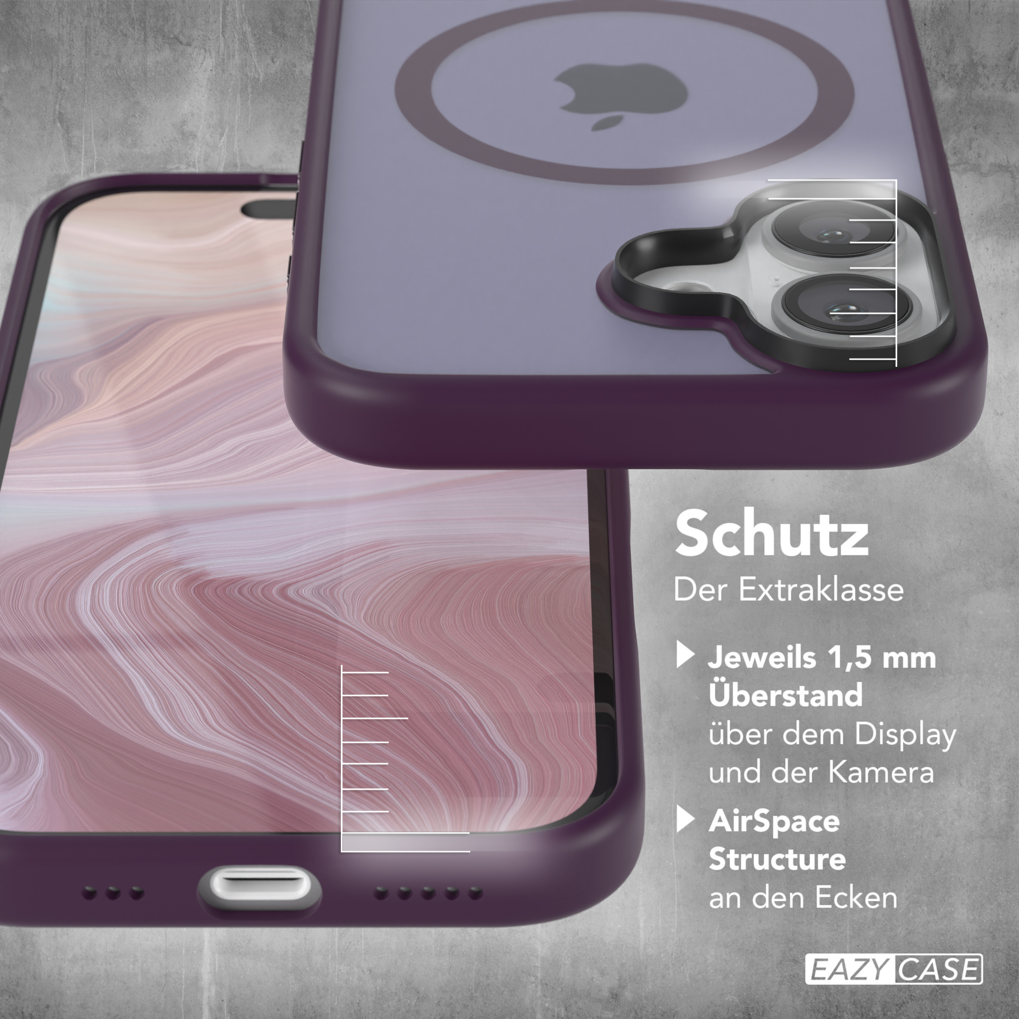 Nahaufnahme einer Handyhülle mit Telefon. Lila Rand, Apple-Logo. Text deutet auf Schutz hin.