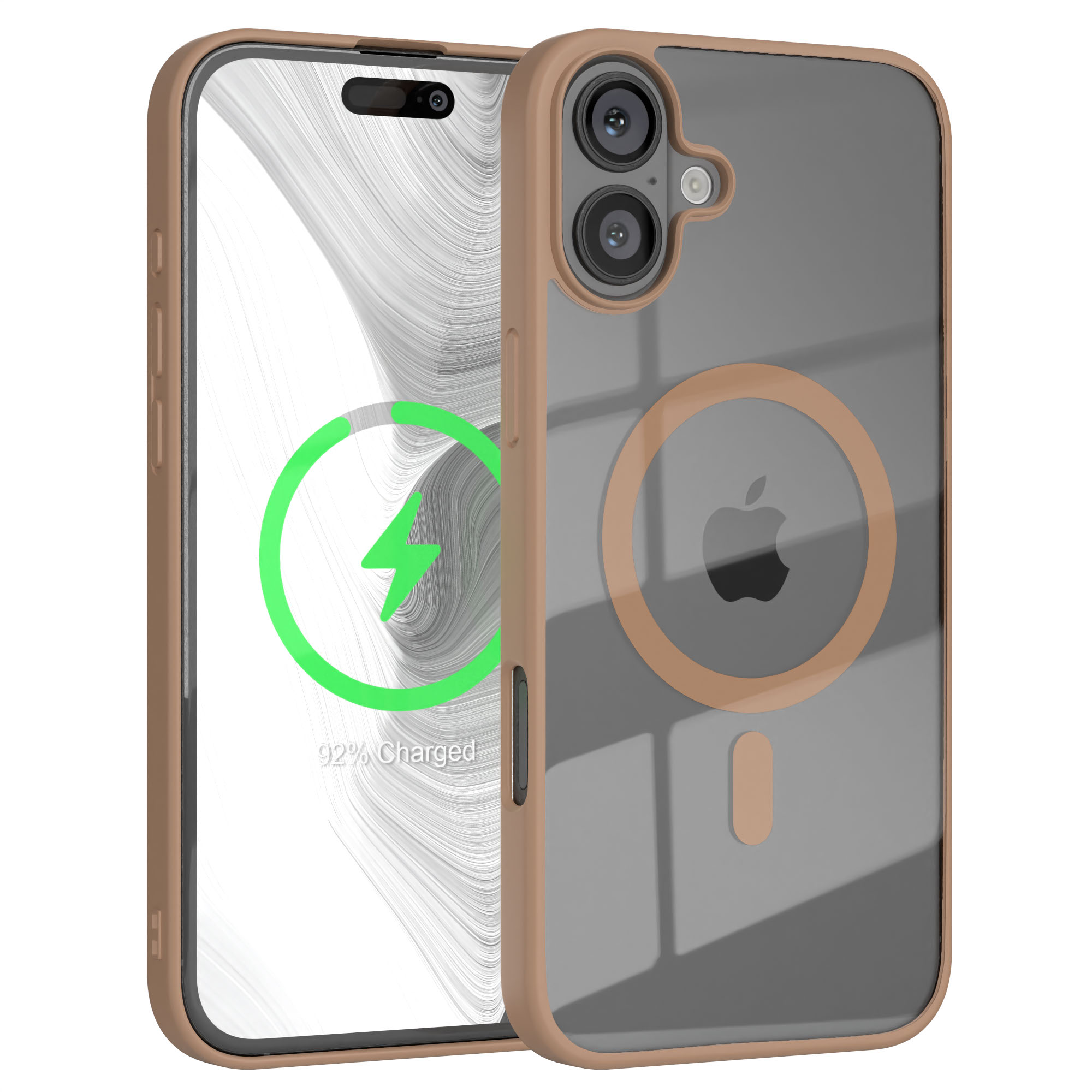 Handyhülle mit Handy, das einen Ladebildschirm zeigt. Braune Hülle mit Ringdesign.
