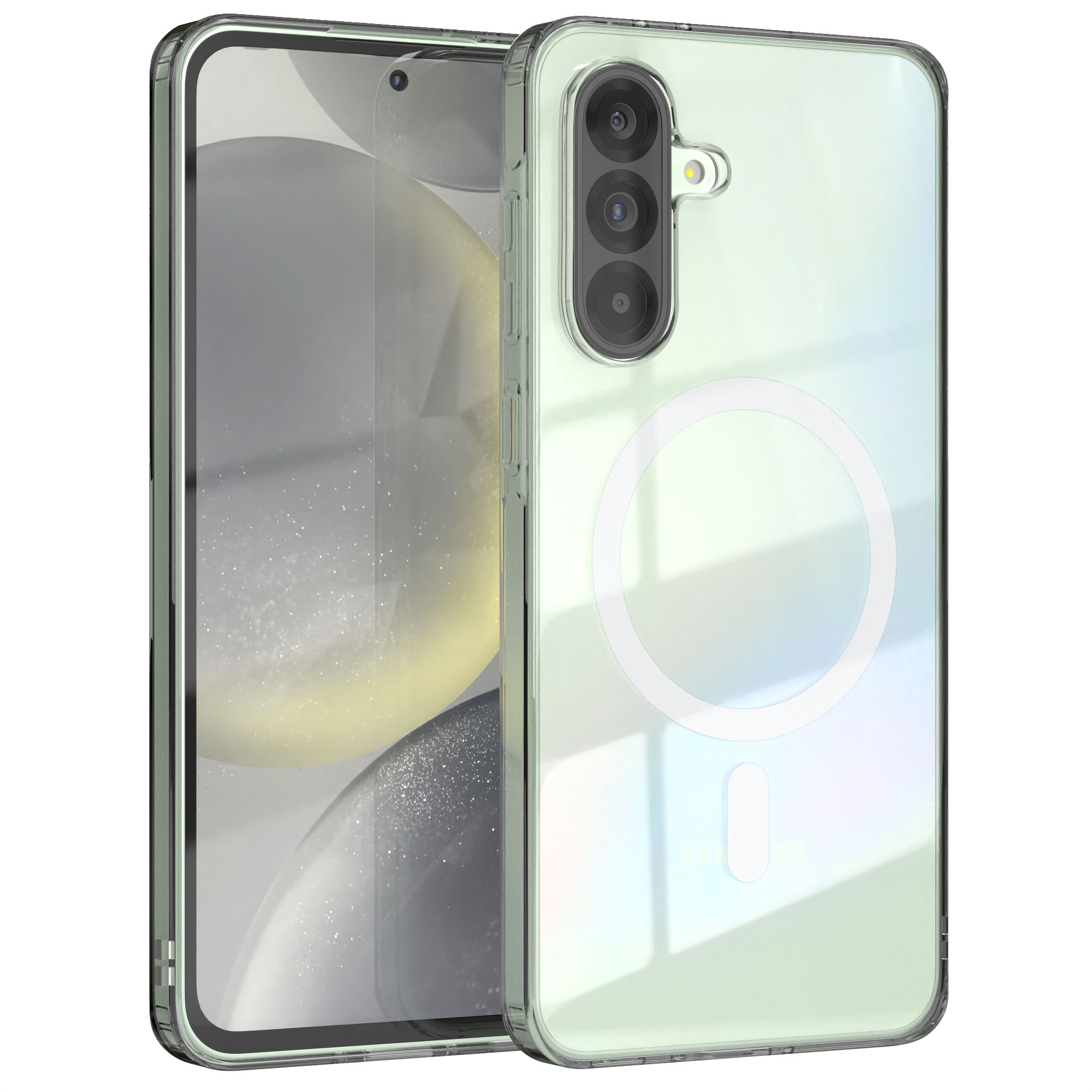 Eine transparente Handyhülle auf einem Handy. Die Hülle hat einen magnetischen Kreis.