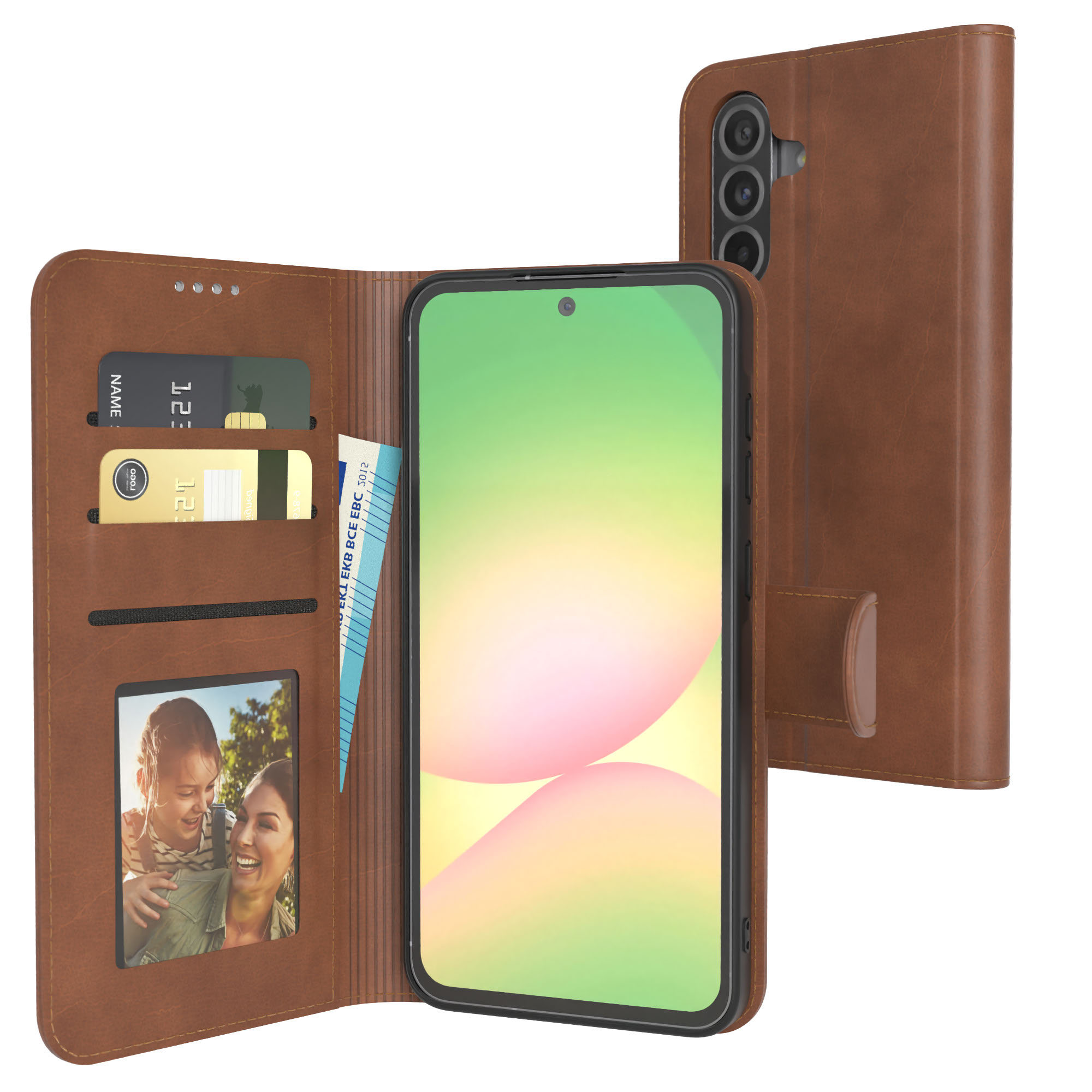 Braune Handyhülle offen, zeigt Telefon mit Karten und Foto.
