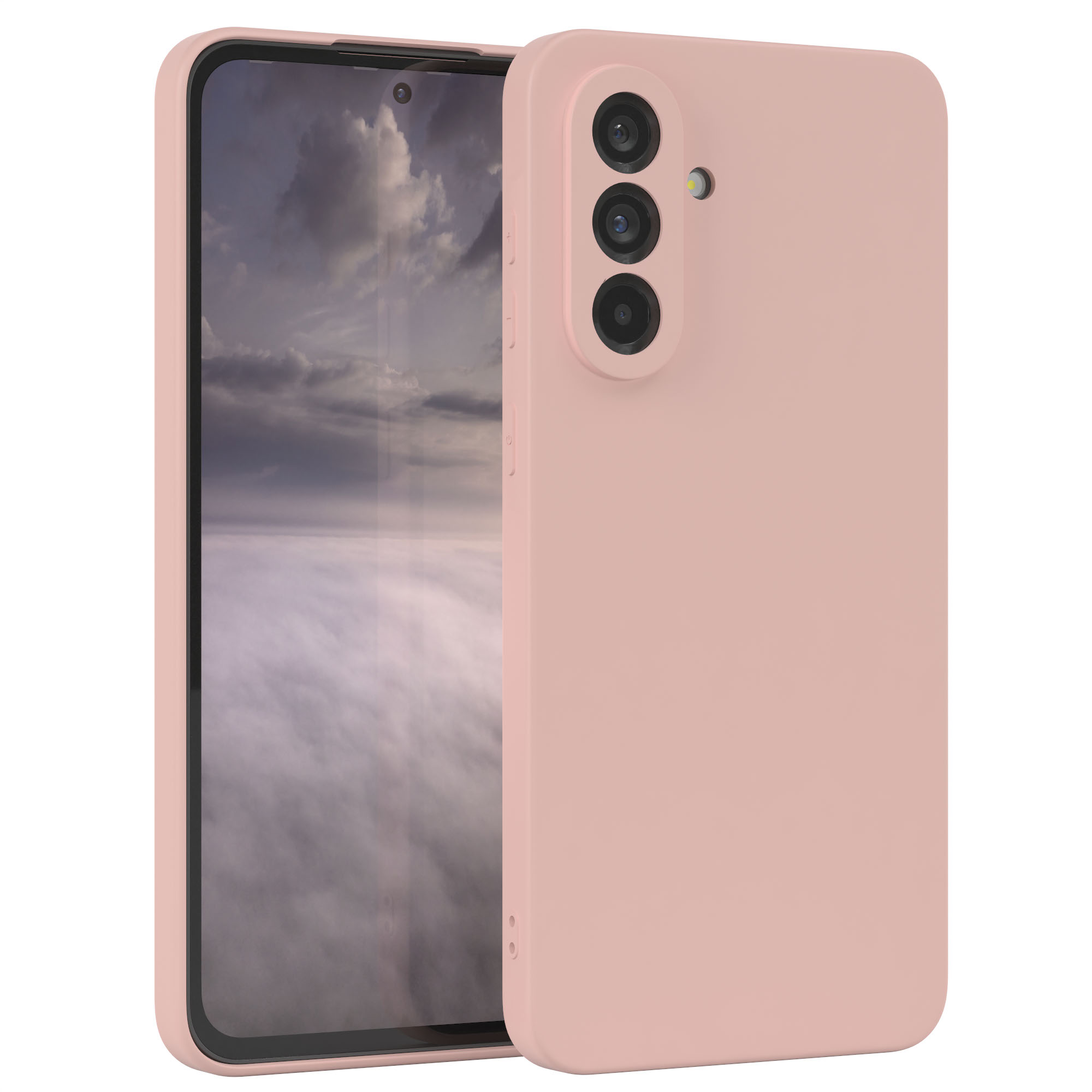 Rosa Handyhülle mit drei Kameras. Der Telefonbildschirm ist eingeschaltet und zeigt ein Landschaftsbild.