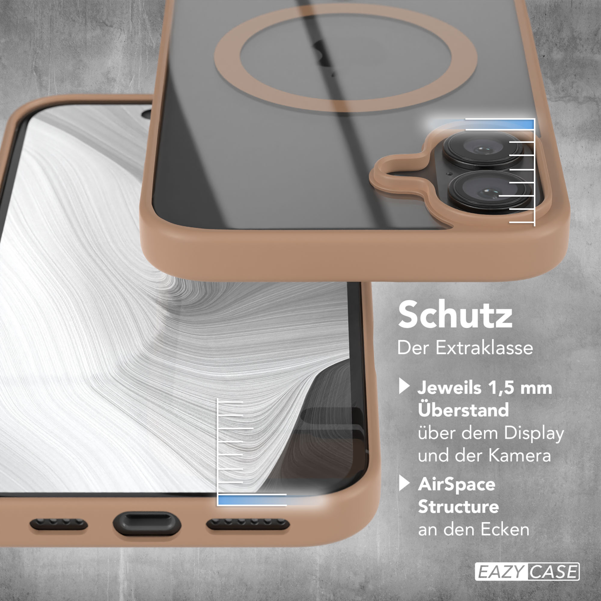 Nahaufnahme einer Handyhülle mit tanfarbenem Rand, die Schutzfunktionen zeigt.