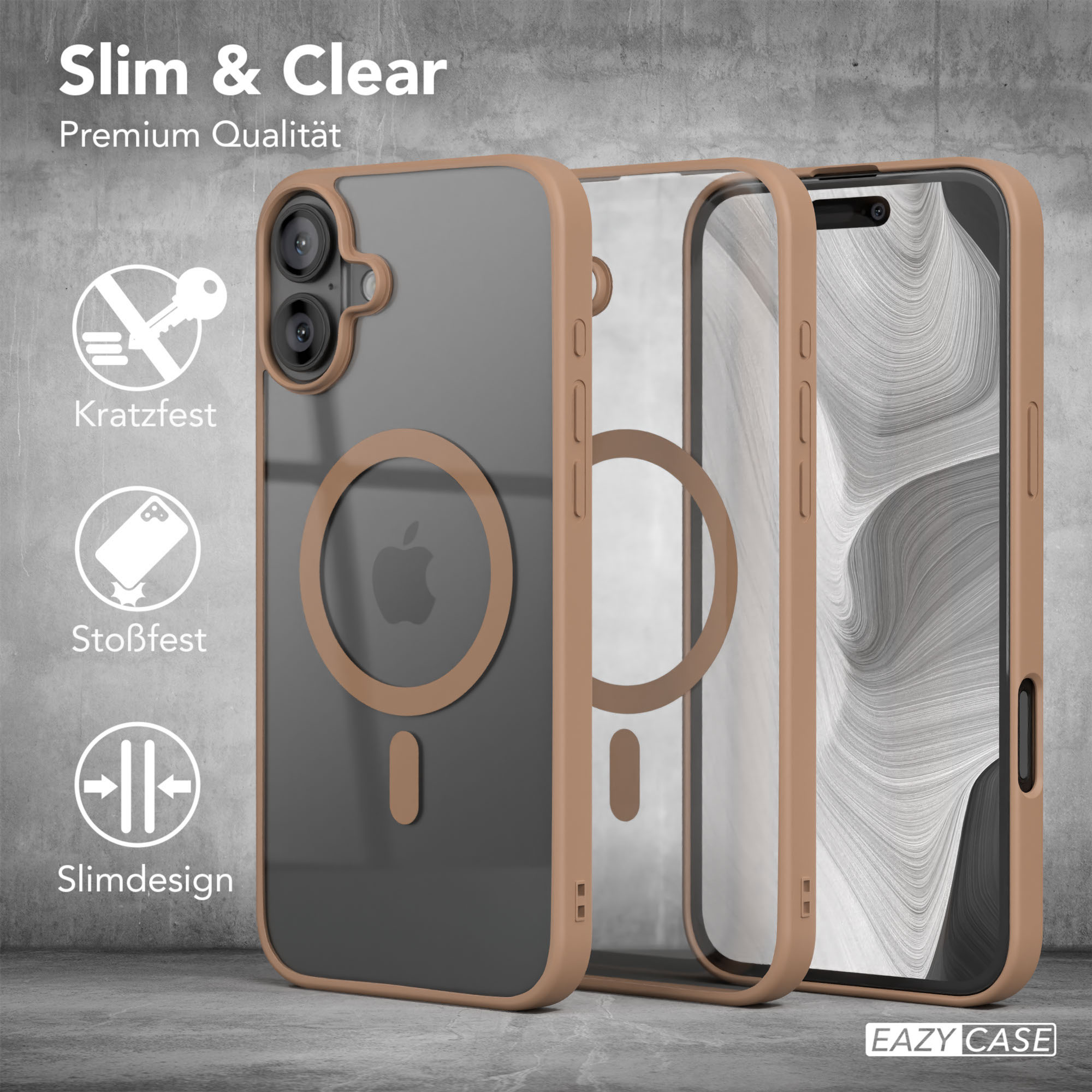 Handyhülle mit Telefon darin. Braune und transparente Hülle. Klarer Hintergrund.