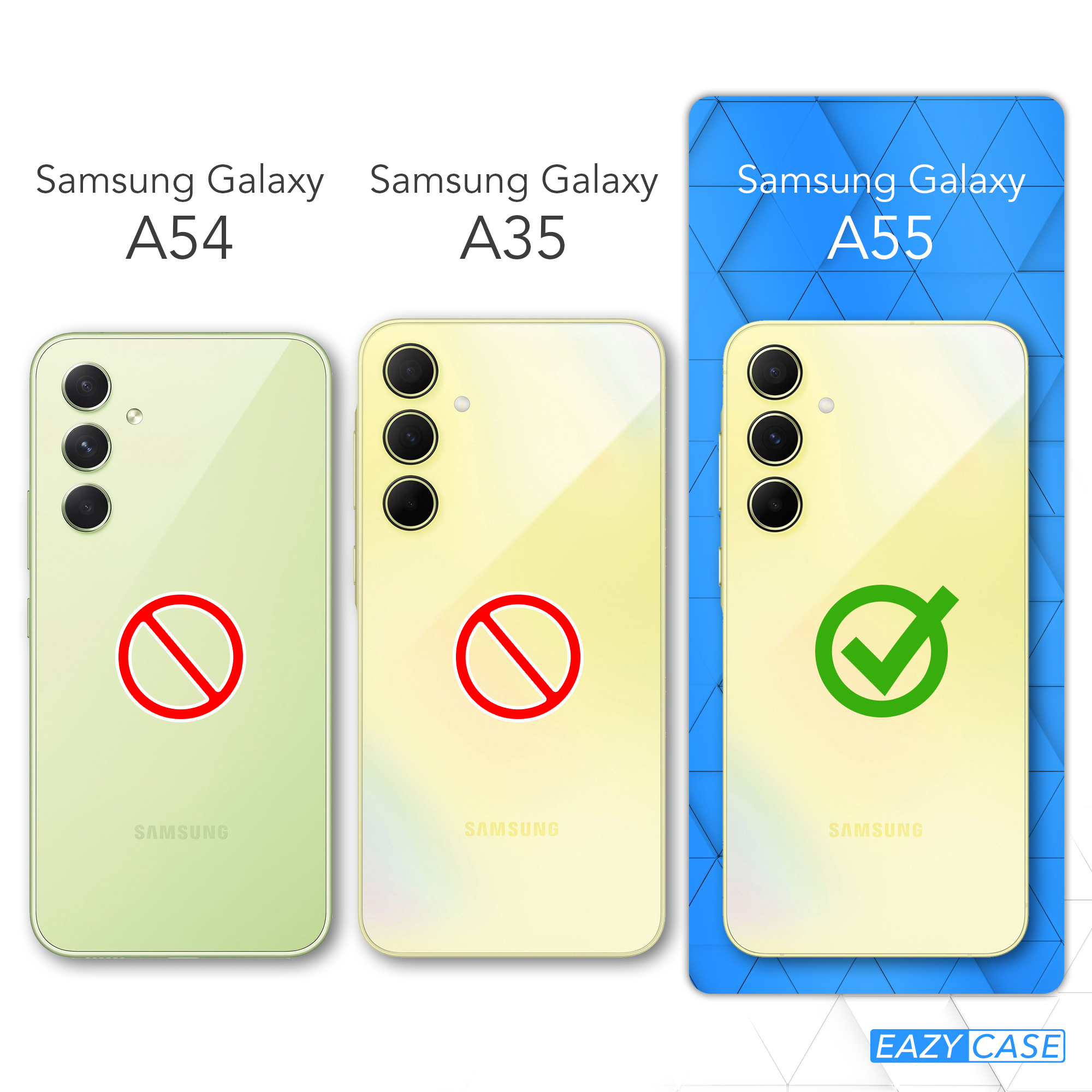 Drei Handyhüllen, Samsung Galaxy A54 und A35 passen nicht, A55 passt.