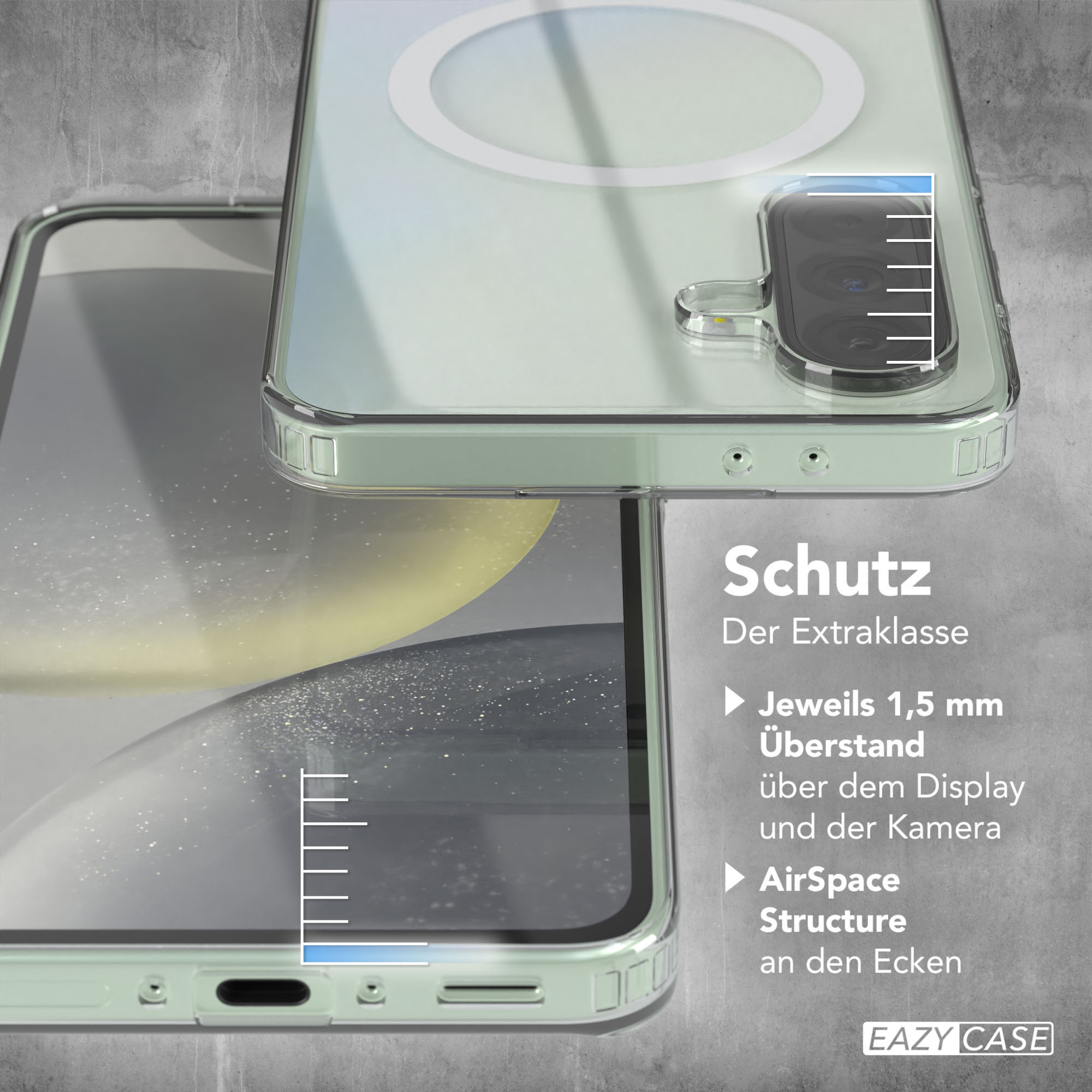 Eine transparente Handyhülle um ein Telefon. Text zeigt 1,5 mm Schutz und AirSpace-Struktur an den Ecken.