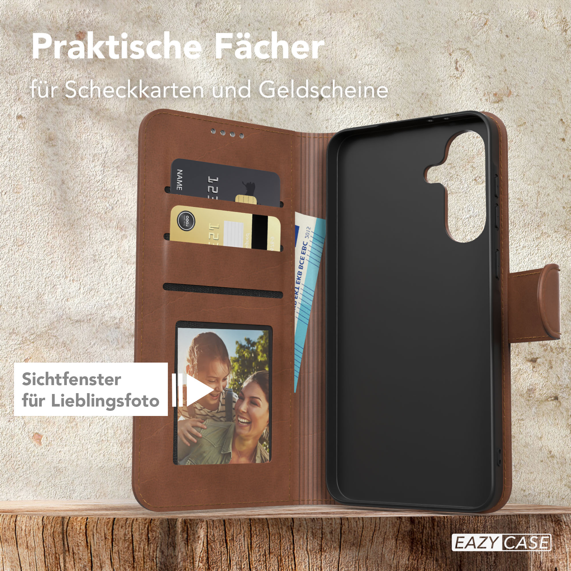 Braune Leder-Handyhülle mit Kartenfächern und einem Fotofenster. Im Inneren befinden sich Karten, Geld und ein Foto.