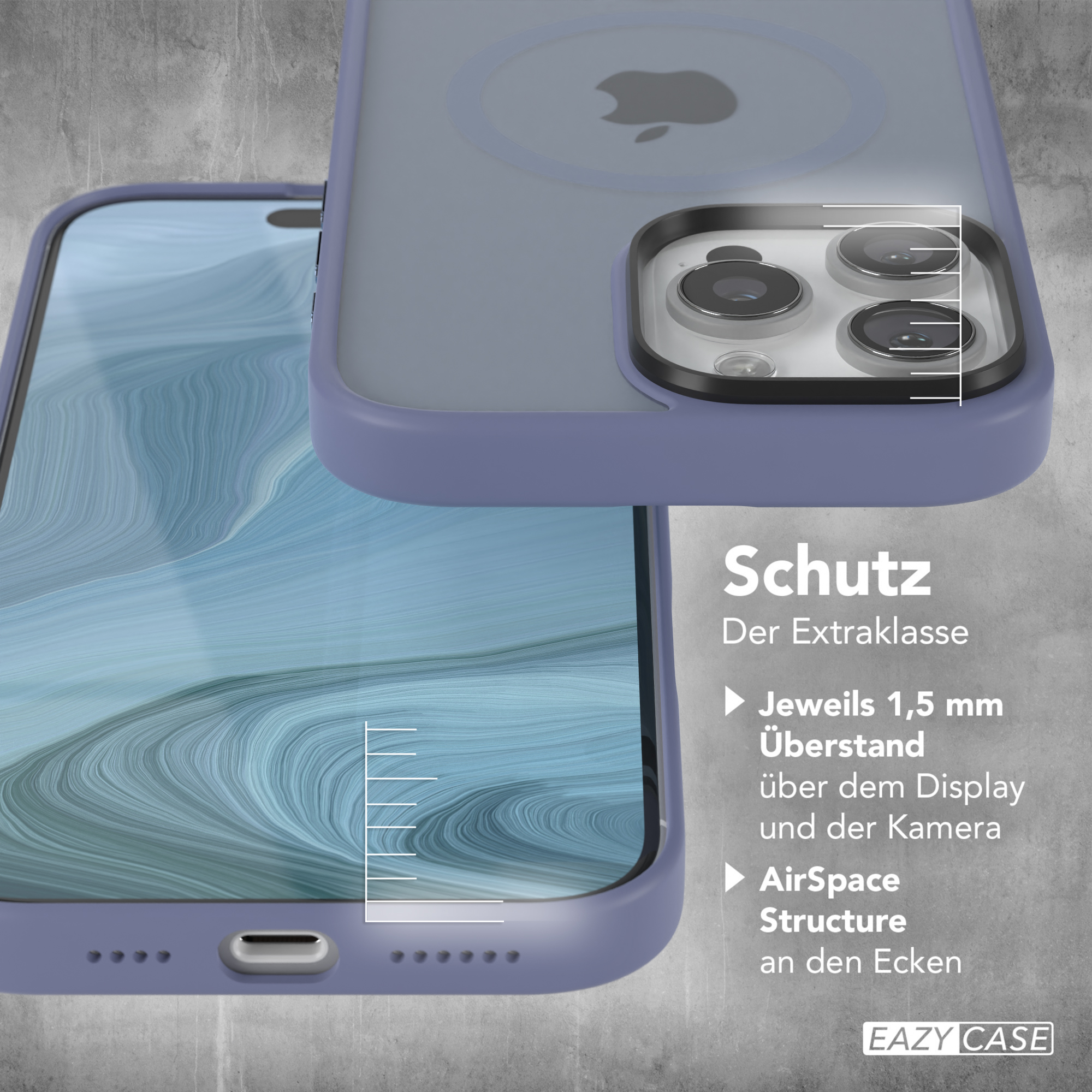 Handyhülle mit iPhone. Hülle ist blau und transparent. Text über den Schutz des Telefons ist sichtbar.