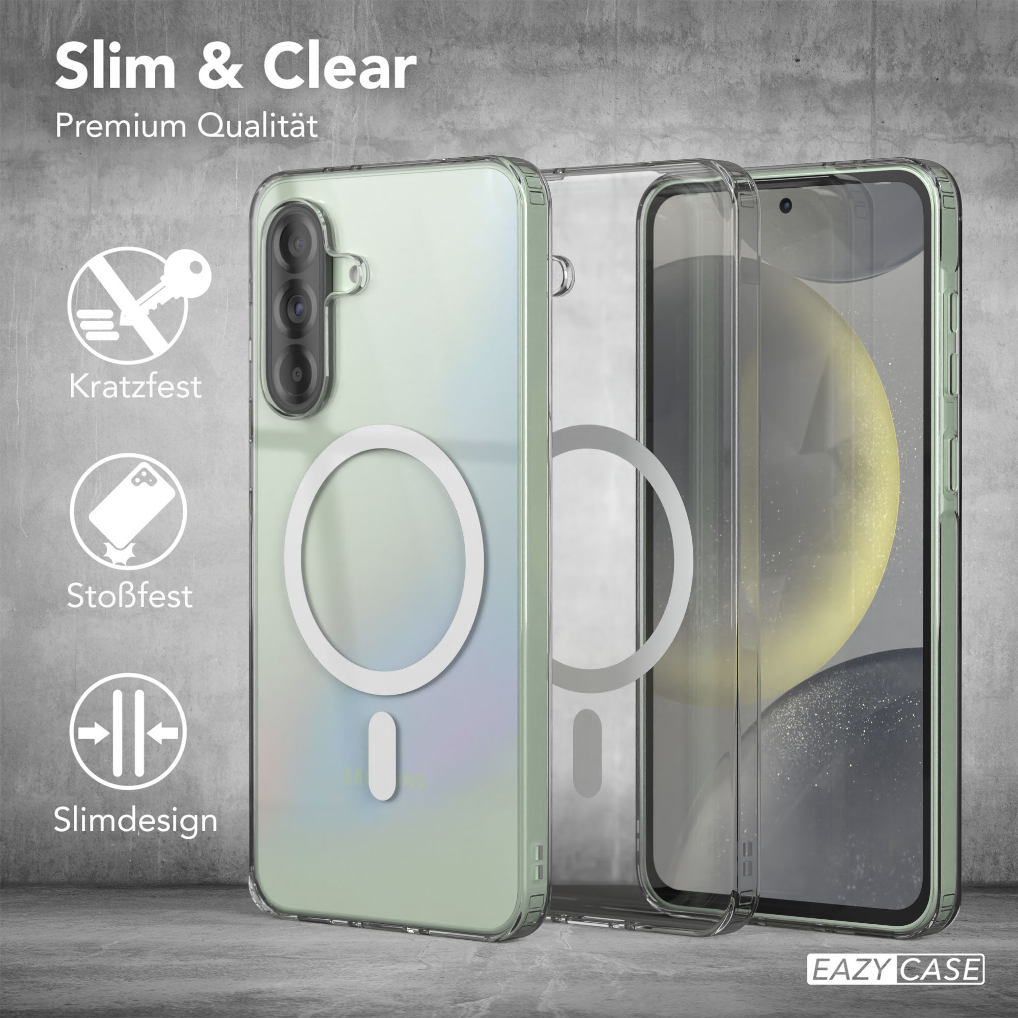 Handyhülle mit klarem Design. Text in Deutsch: Slim & Clear, Kratzfest, Stoßfest, Slimdesign. Ein Telefon ist innen.