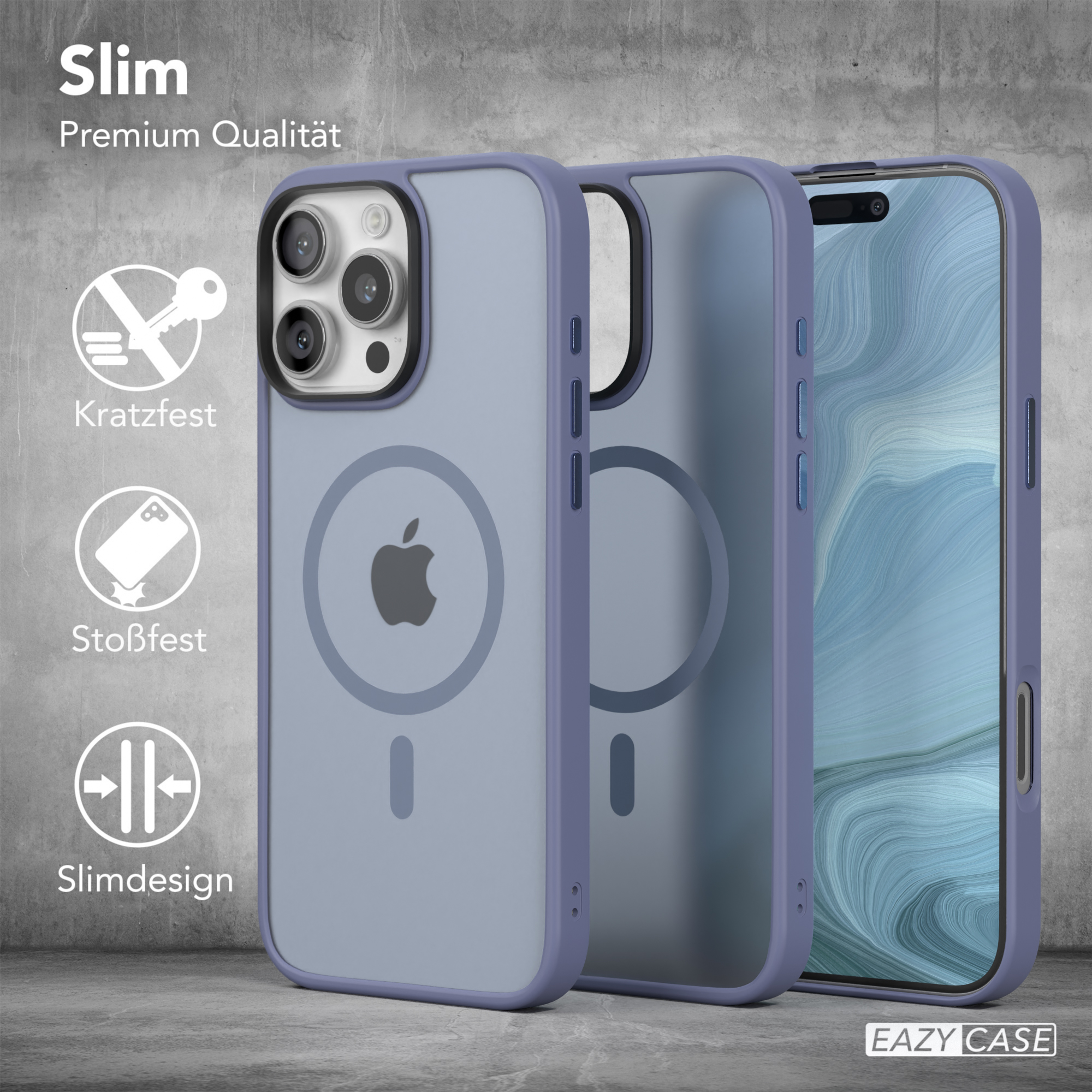 Telefonhüllen mit Telefon und Text, der 'Slim' und 'Premiumqualität' sagt.