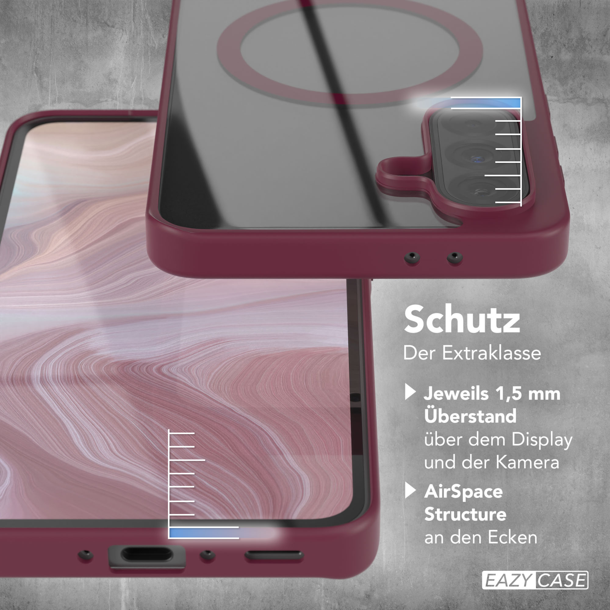 Handyhülle über einem Handy, mit Text über Schutzfunktionen.