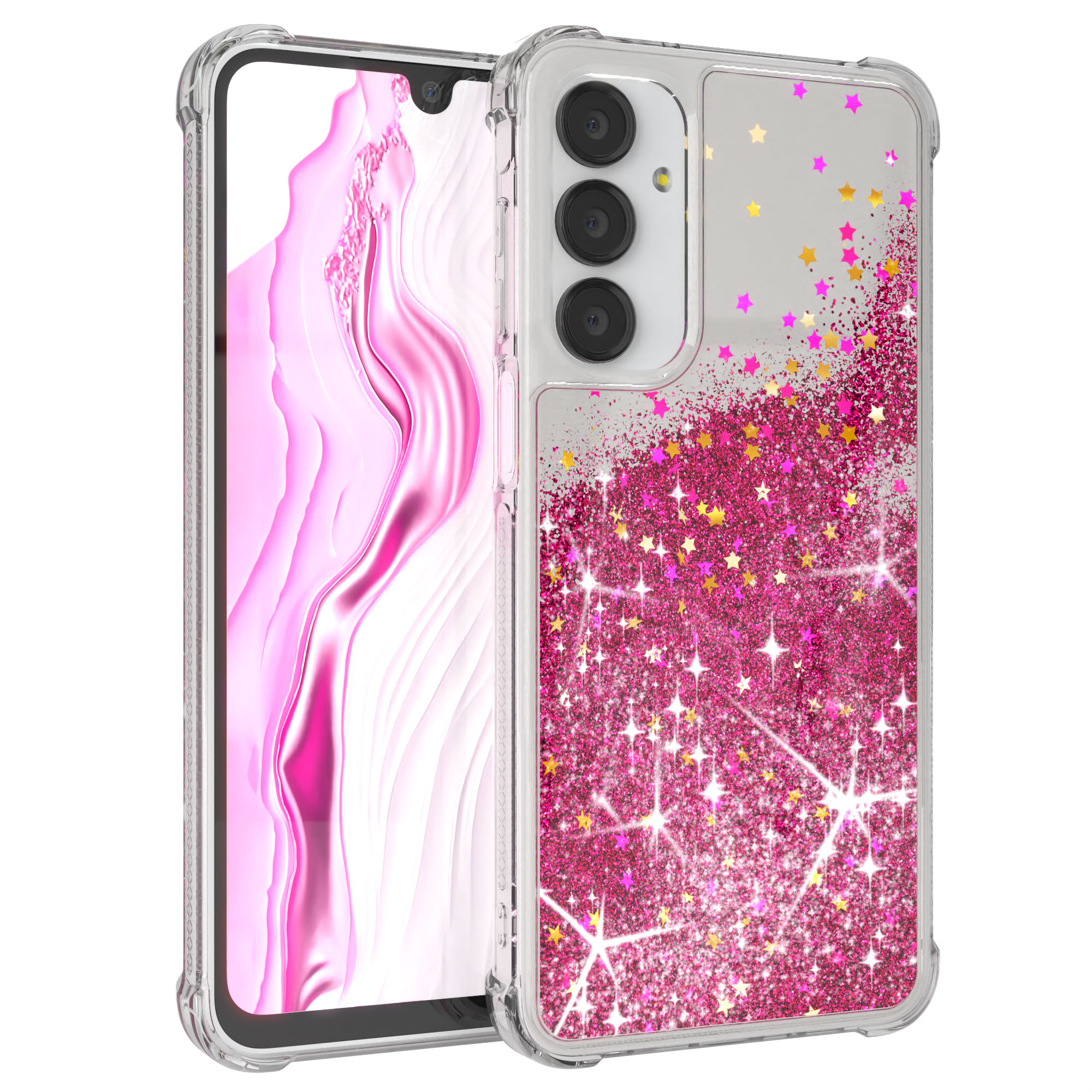 Transparente Handyhülle mit Glitzer und Sternen. Pinkes und goldenes Glitzerdesign.