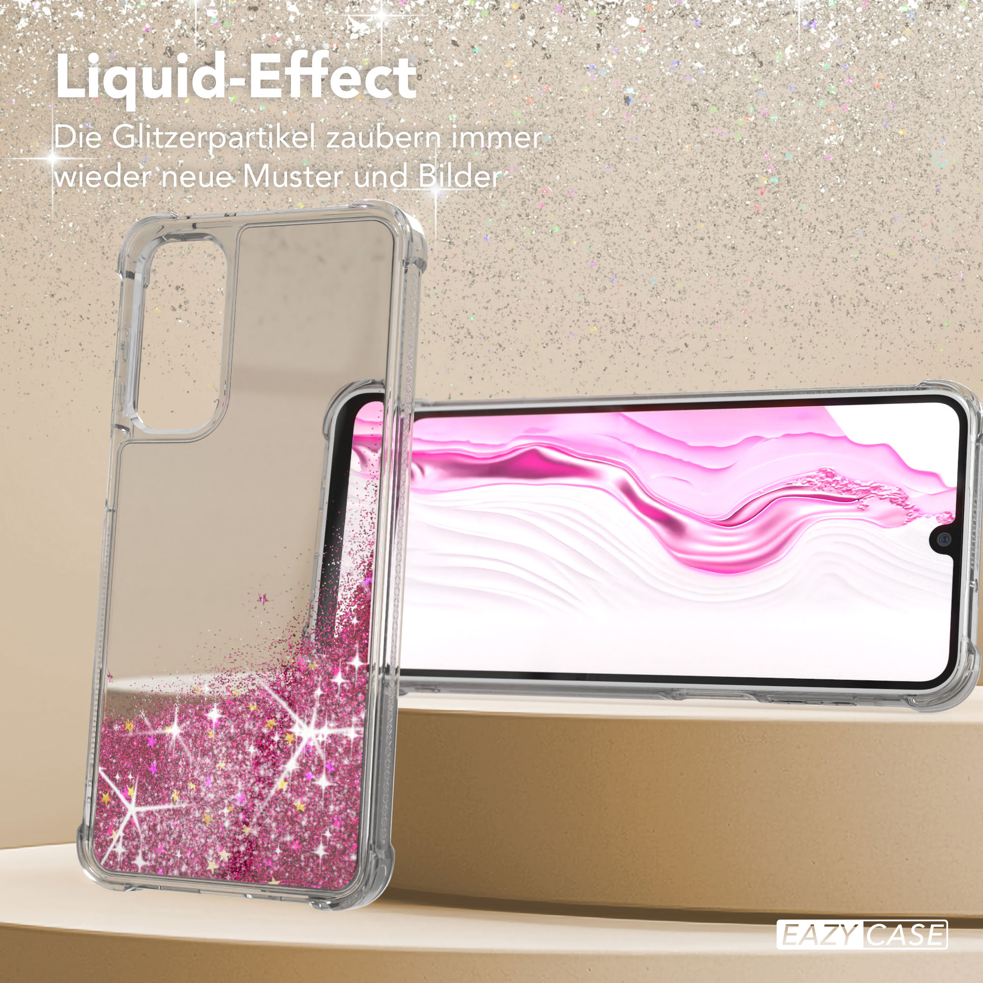 Handyhülle mit Flüssigkeitsglitzer, zeigt ein Telefon im Inneren mit rosa Hintergrund.