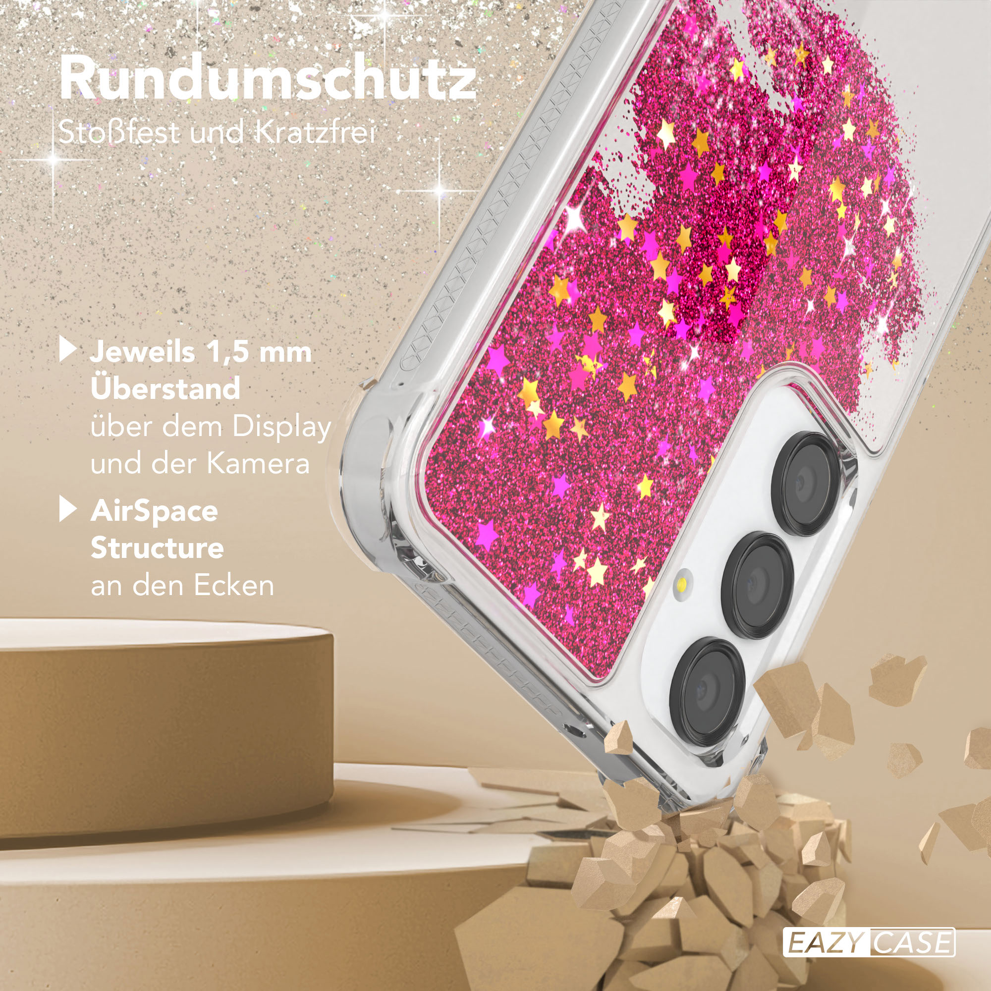 Handyhülle mit rosa Glitzer und Sternen. Zeigt ein Telefon mit Kamera und Display.