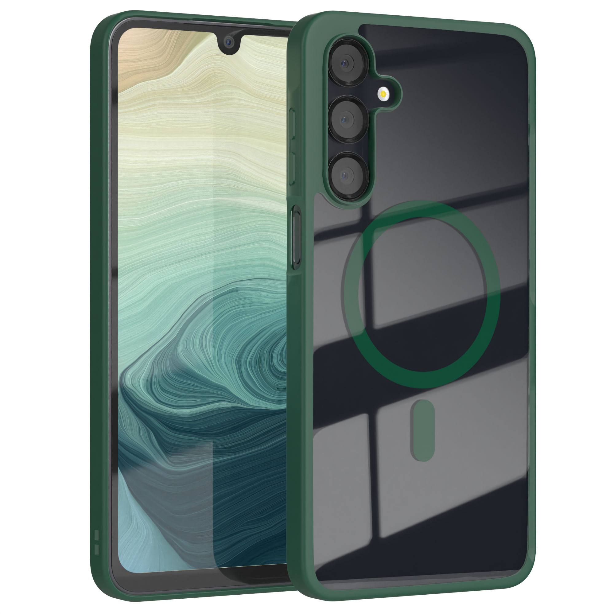 Grüne Handyhülle mit durchsichtigem Rücken und Kameramodul, zeigt ein Telefon im Inneren.
