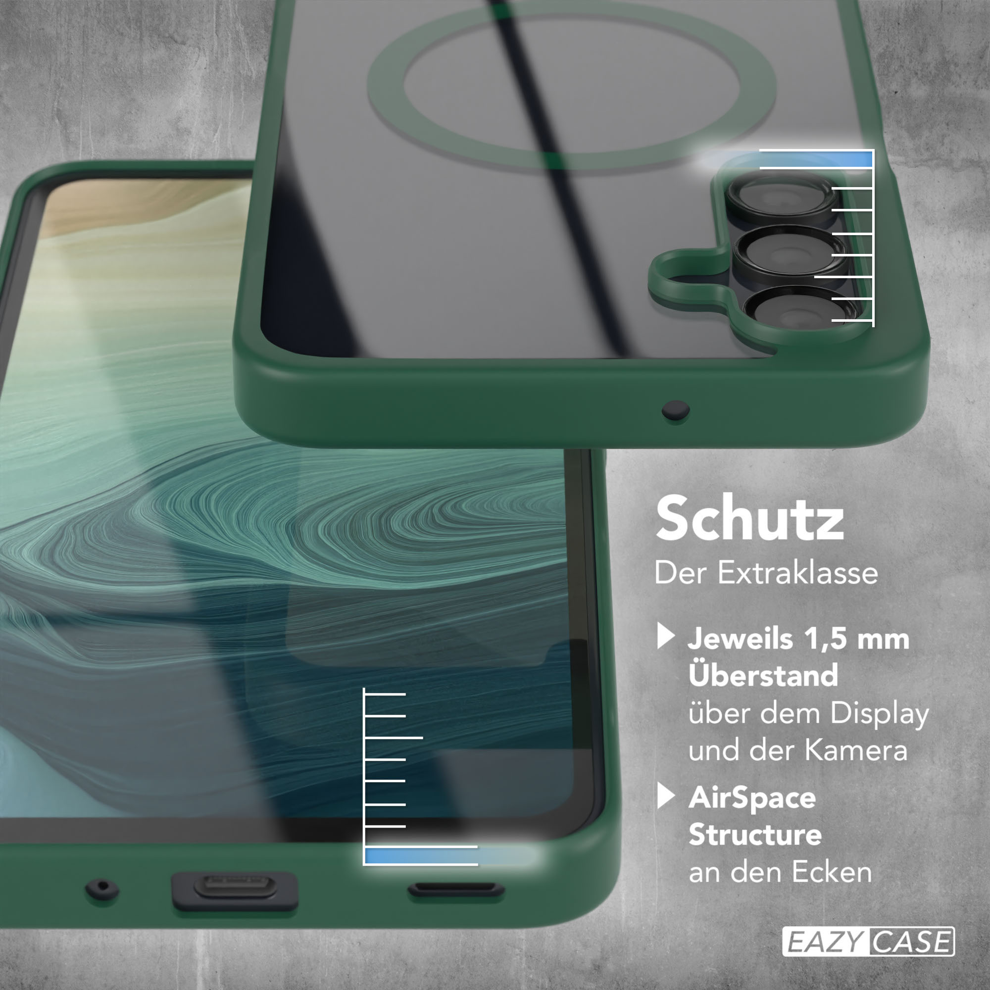 Handyhülle schützt Smartphone. Die Hülle ist grün mit Kameraausschnitt.