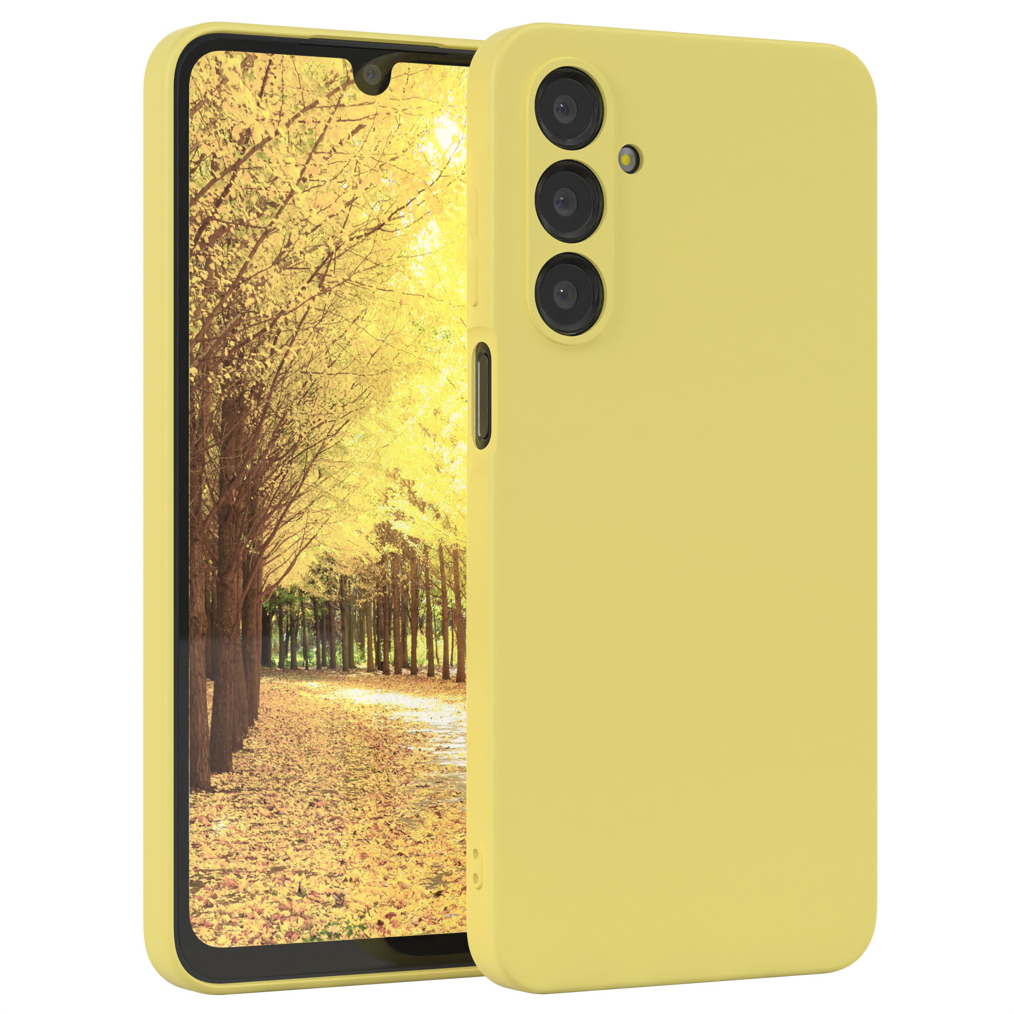 Gelbe Handyhülle mit einem Telefon darin. Das Telefon zeigt eine Herbstszene.