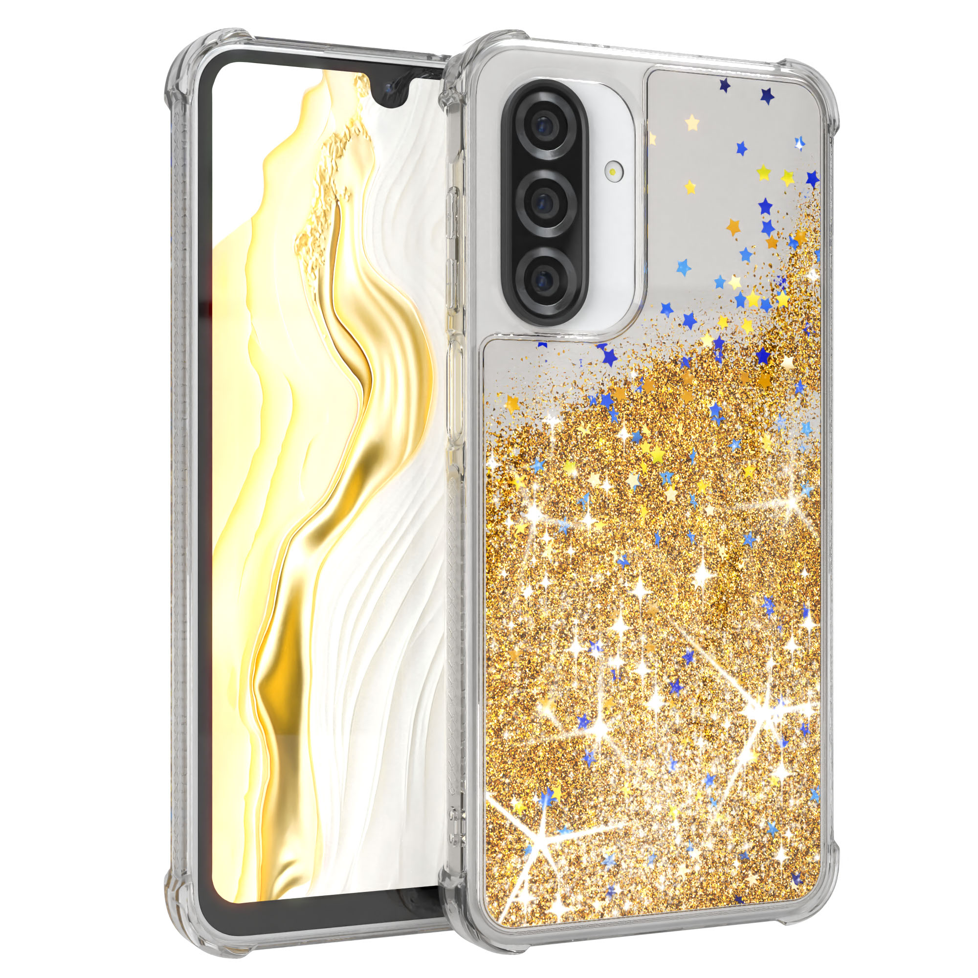 Eine transparente Handyhülle mit goldenem Glitzer und blauen Sternen vor weißem Hintergrund.