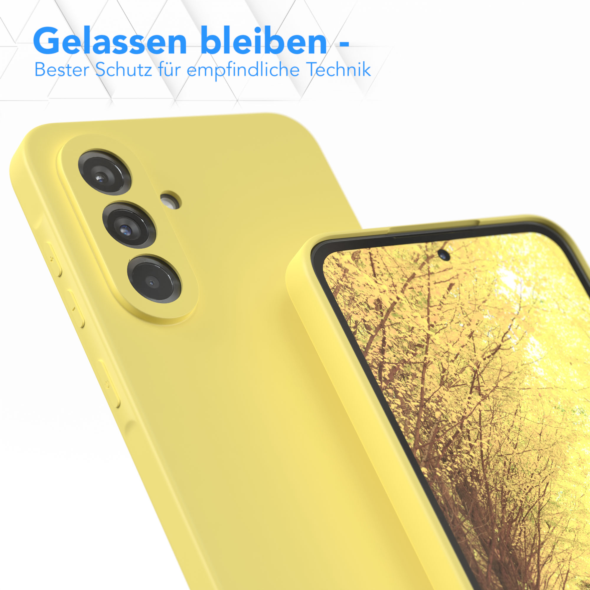 Gelbe Handyhülle mit Telefon, das eine Waldszene zeigt.