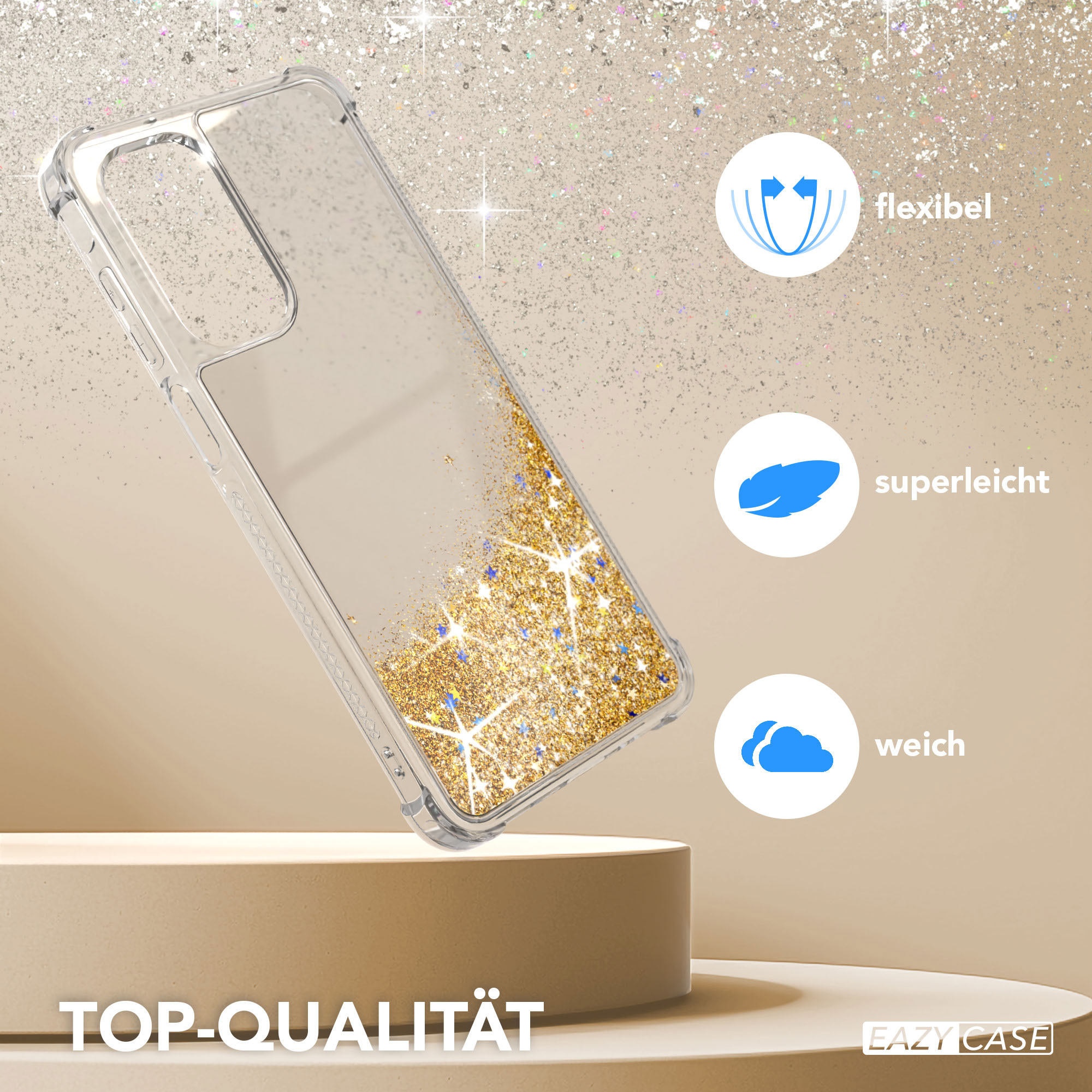 Transparente Handyhülle mit goldenem Glitzer, auf einem Podest. Icons: flexibel, superleicht, weich.