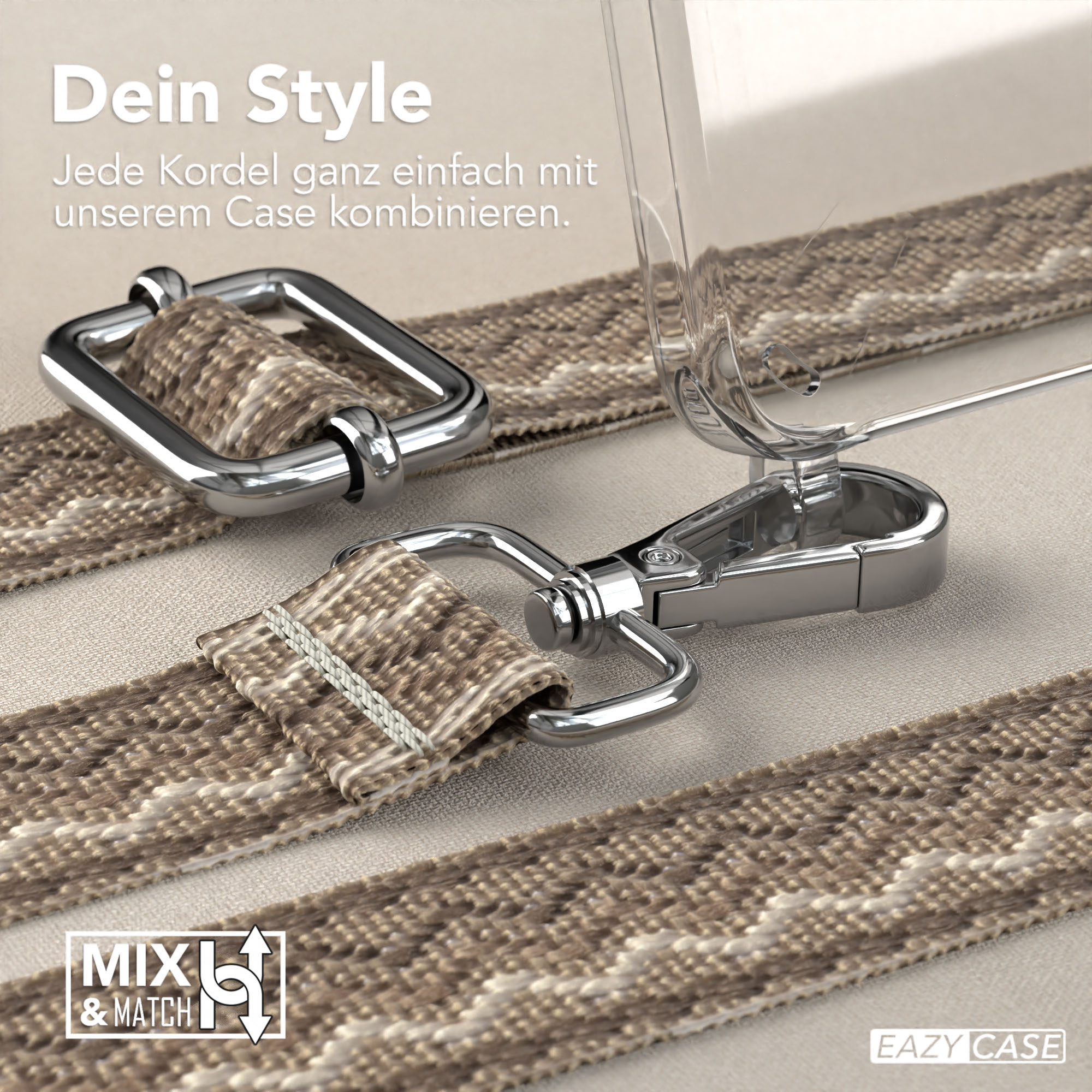 Nahaufnahme eines Telefonriemens mit Metallverschlüssen und dekorativem Stoff.