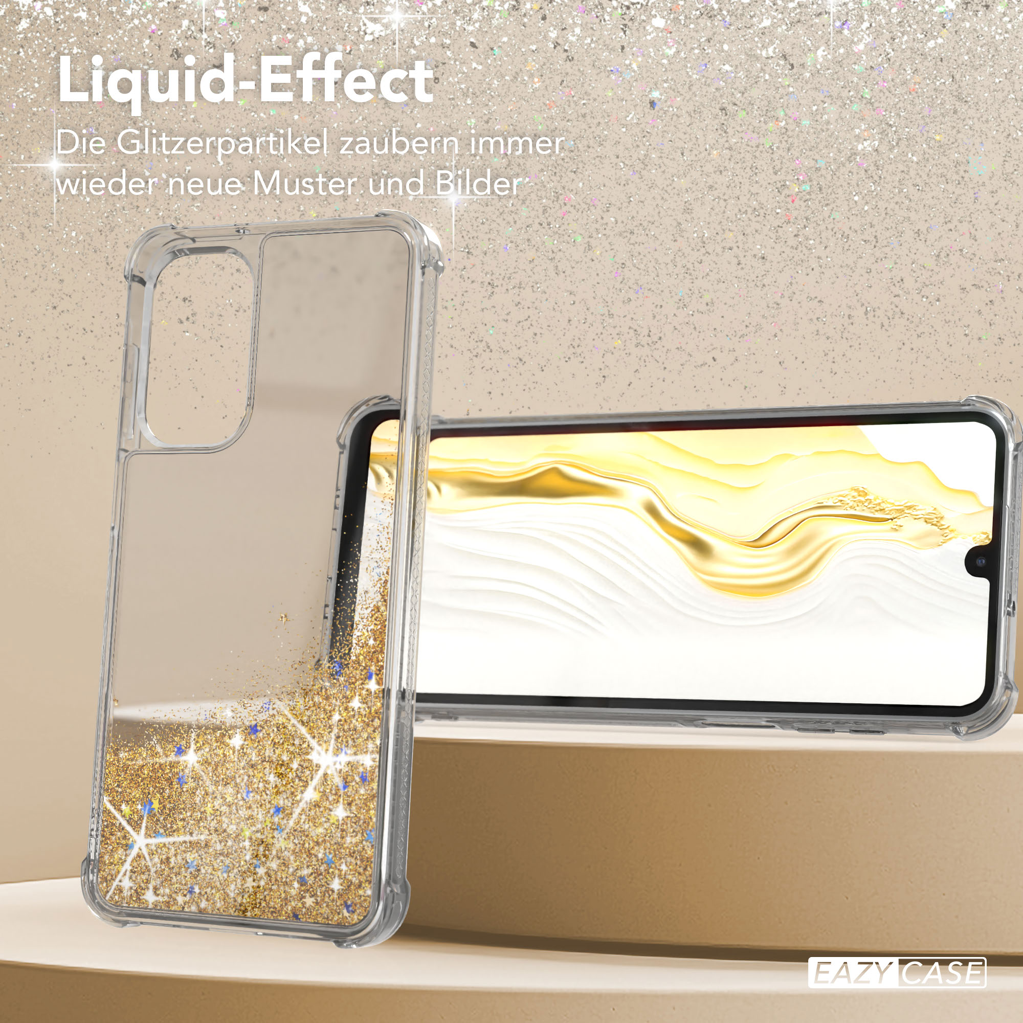 Transparente Handyhülle mit Goldglitter und Handy, auf hellbrauner Oberfläche.