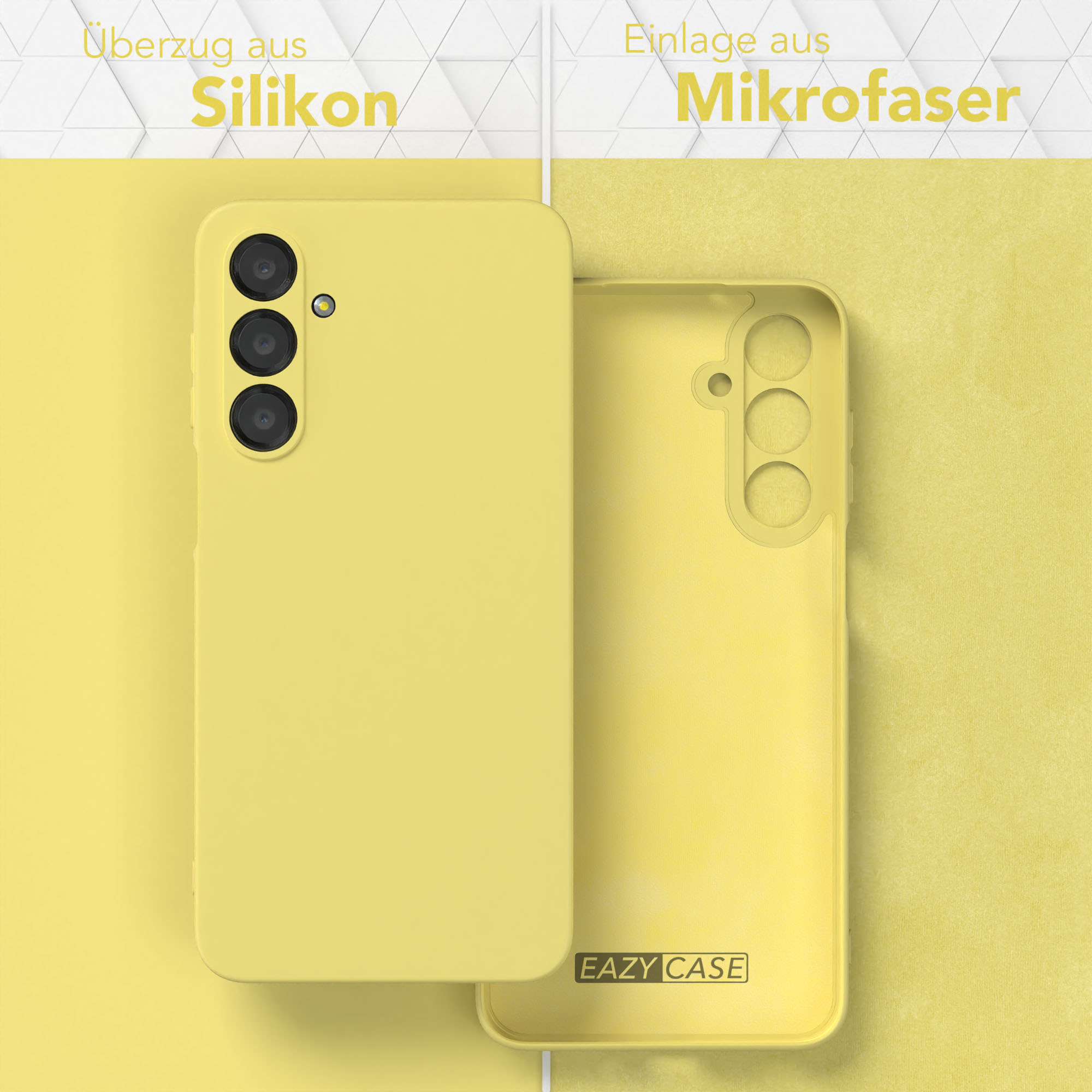 Gelbe Handyhüllenkomponenten: Silikonhülle und Mikrofaser-Inlay. Text weist auf die Materialien hin.