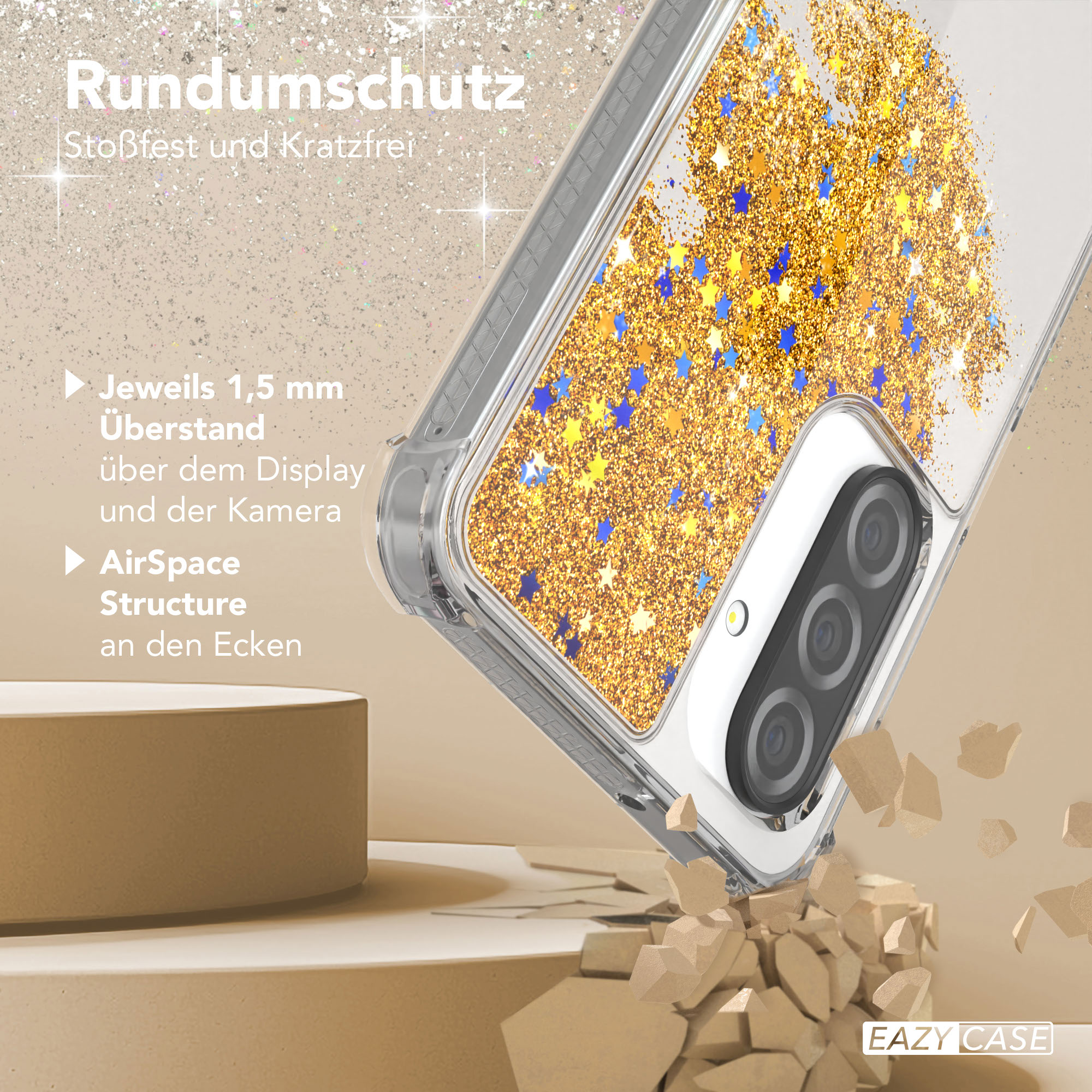 Transparente Handyhülle mit goldenem Glitzer, zeigt Telefondetails.