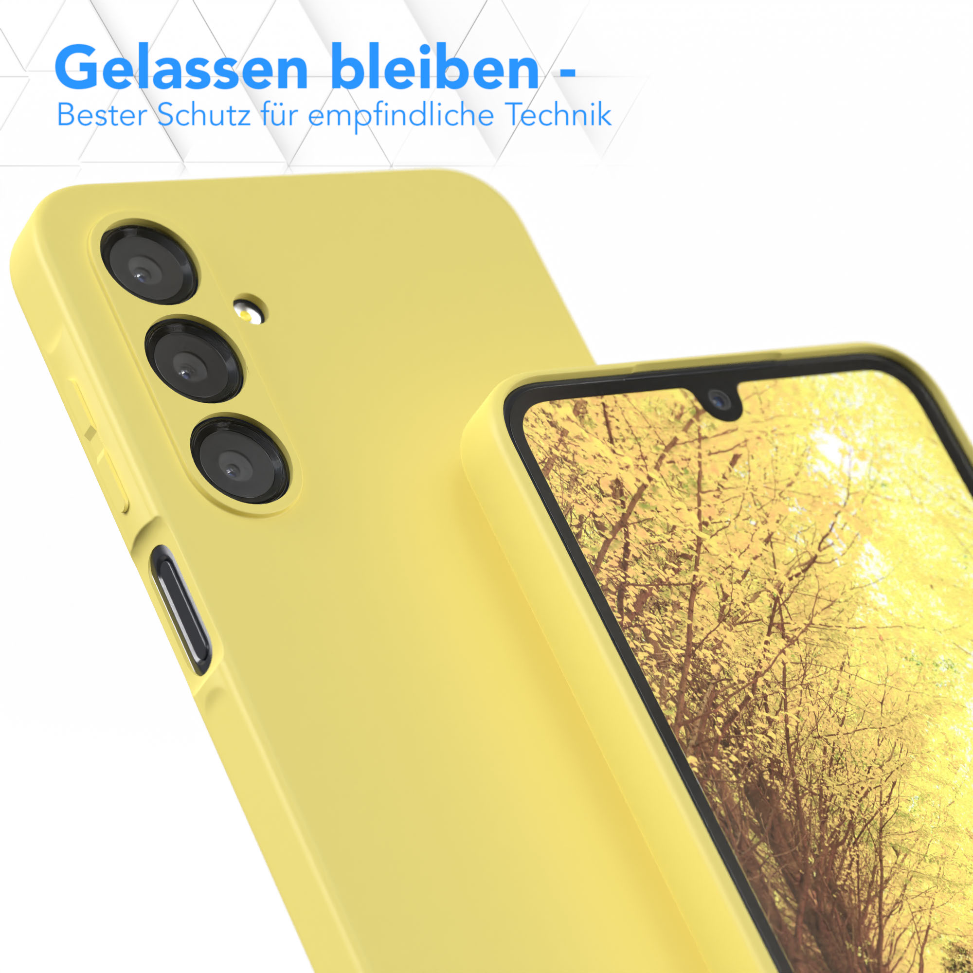 Gelbe Handyhülle mit Herbstbild auf dem Telefon.