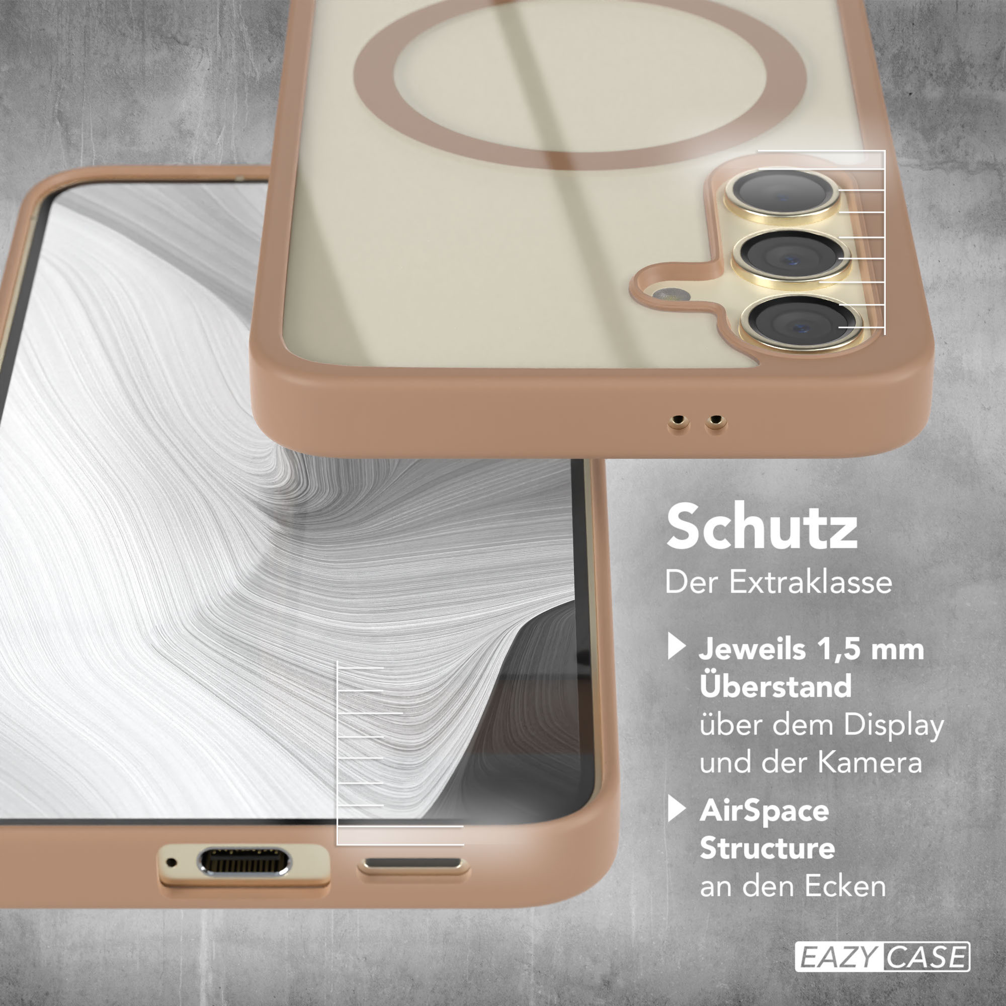 Eine hellbraune Handyhülle mit transparentem Rücken wird zusammen mit Text und Telefon angezeigt.