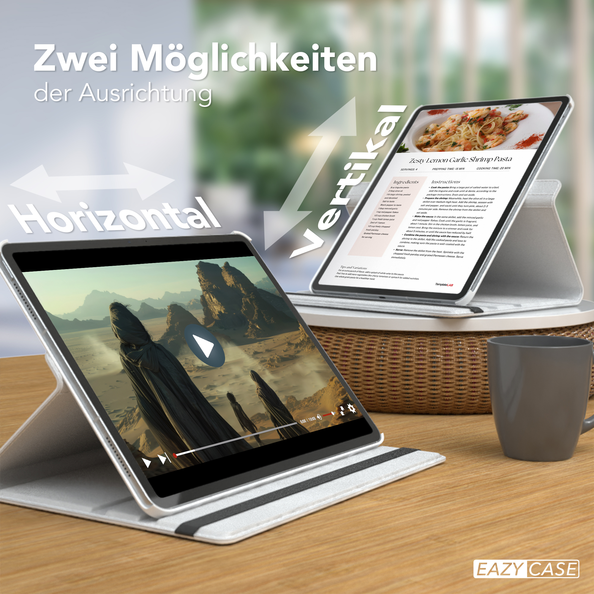 Zwei Tablets, eines zeigt ein Video, das andere ein Rezept, mit einer Kaffeetasse und einem Korb.