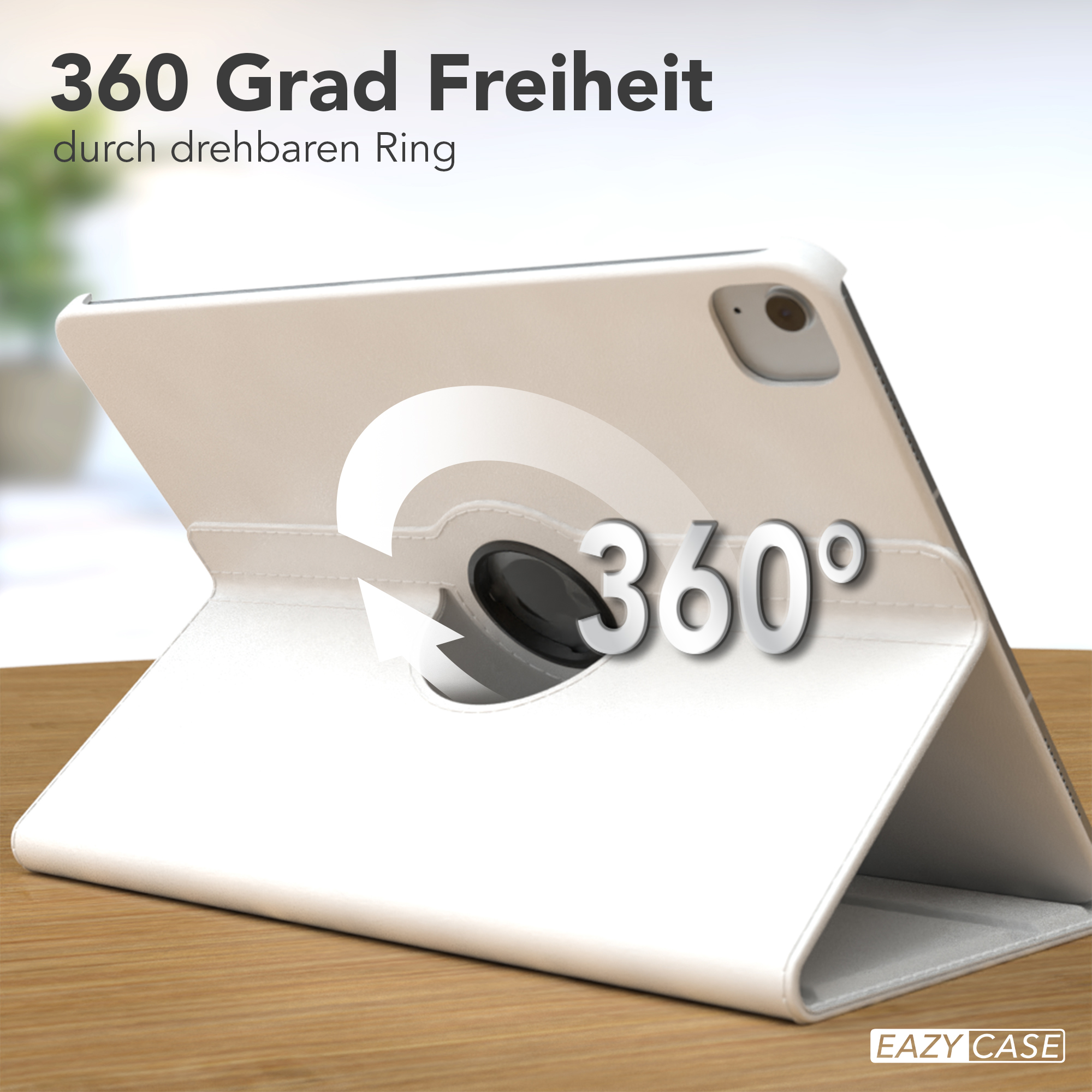 Weißes Tablet in weißem Case, abgewinkelt dargestellt, mit Drehgelenk-Detail.