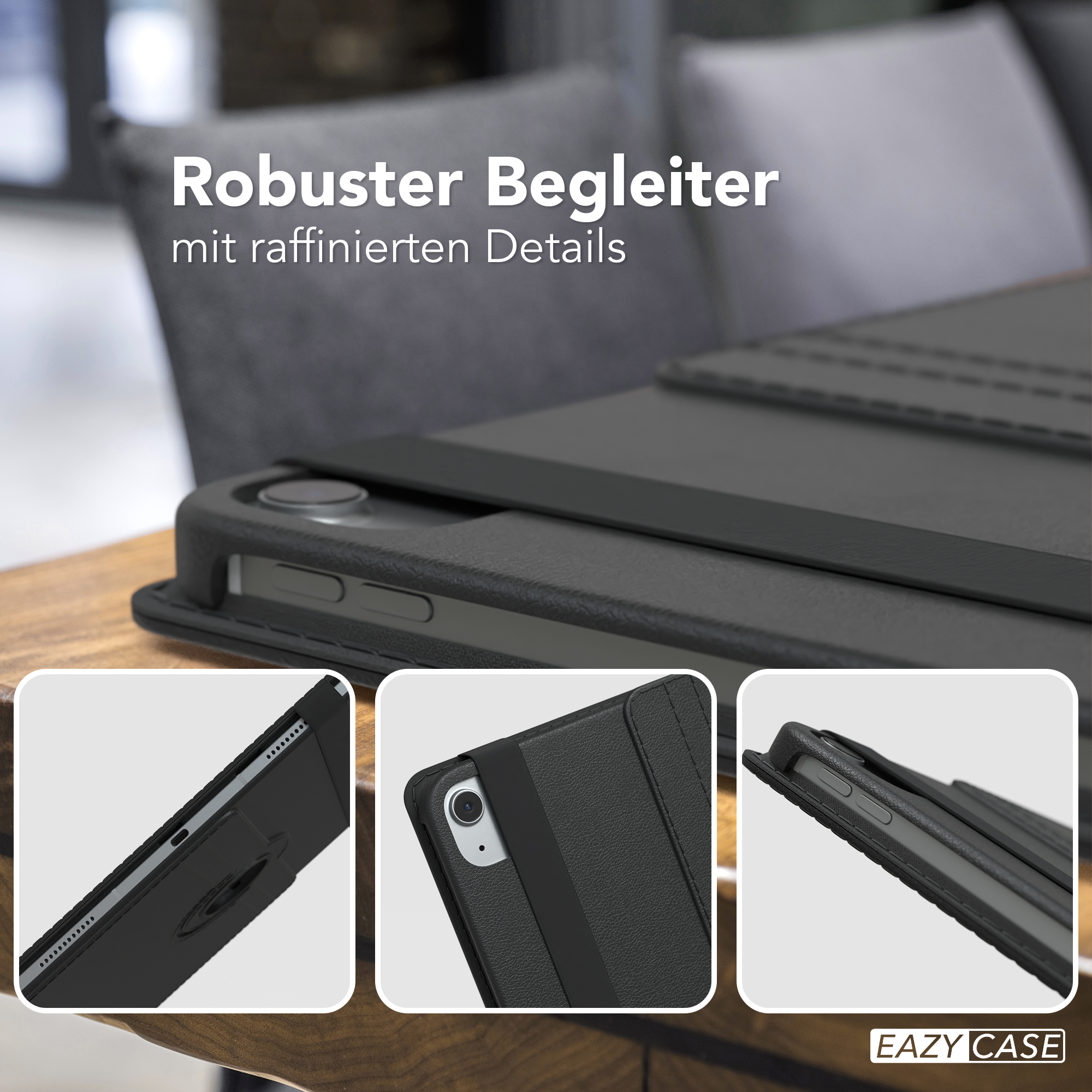 Tablethülle. Die schwarze Tablethülle liegt auf einem Holztisch, mit Nahaufnahmen in den Inset-Bildern.