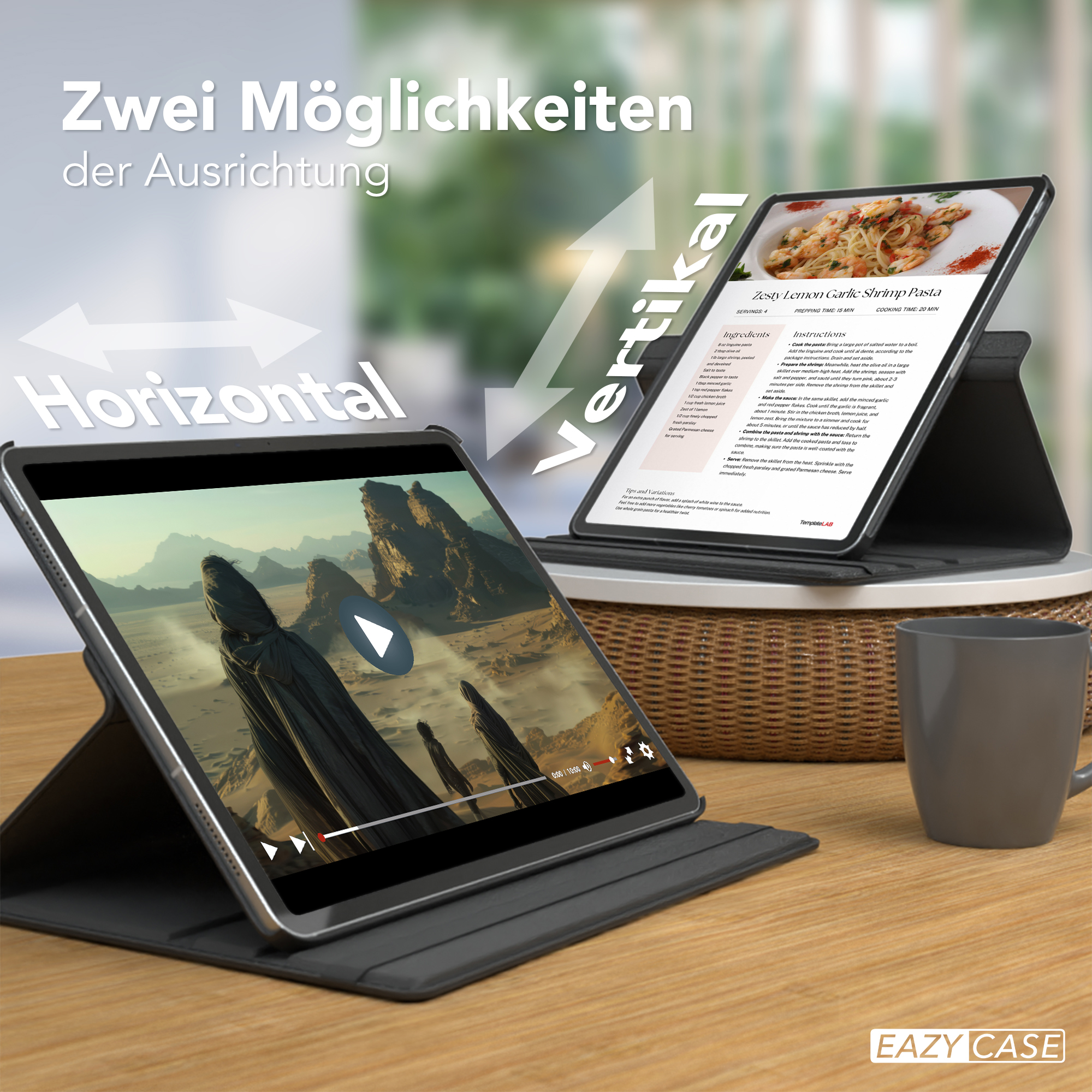 Zwei Tablets, die Inhalte anzeigen, eines horizontal und eines vertikal, mit Pfeilen, die die Ausrichtung anzeigen.